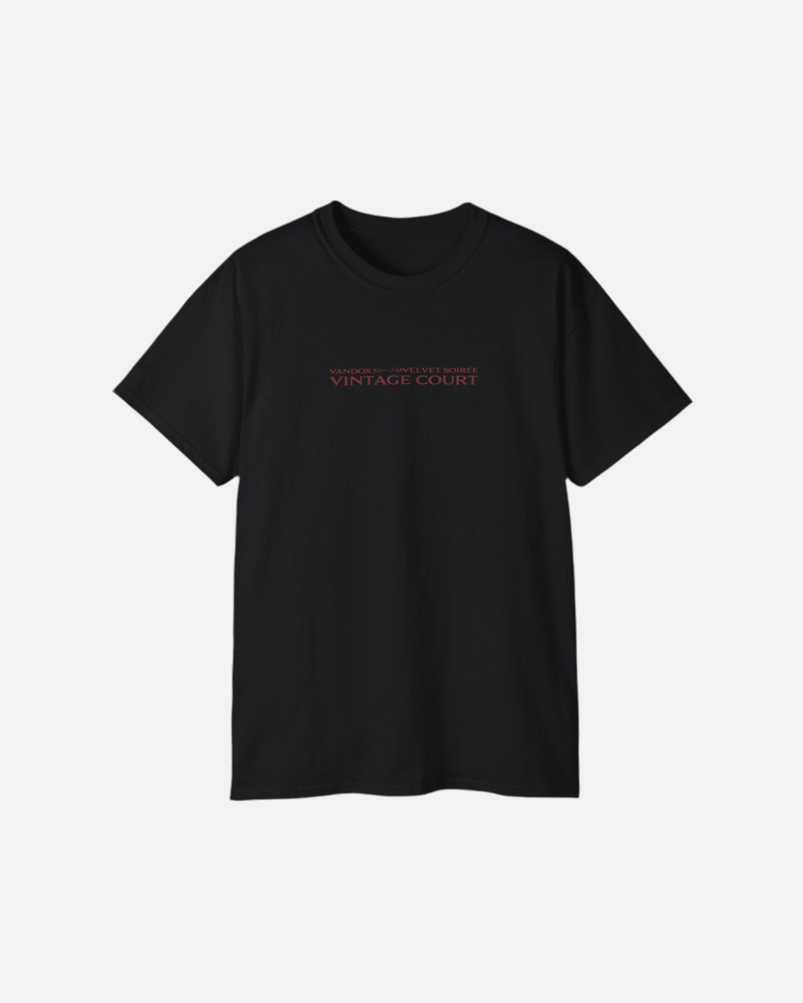 Front view of the deep black Grand Court T-Shirt by Vandox with minimalist “Vintage Court” text. Starboy old money shirt tshirt clothes vandox sacrevandox vandox clothes vandox clothing