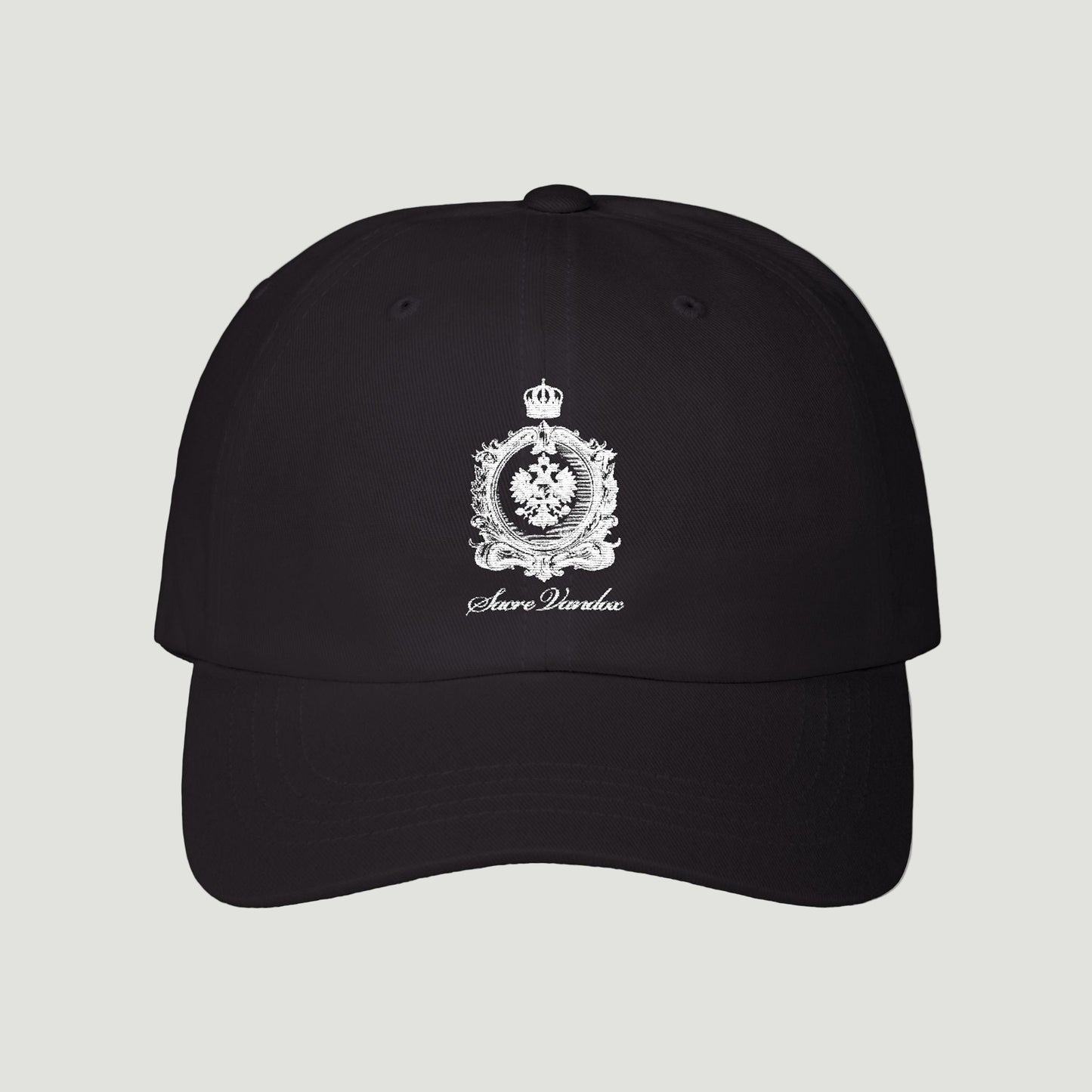 Front view of the deep black Maison Royale Cap by Vandox with embroidered crest and script text. Starboy old money accessories accessory hat cap vandox sacrevandox vandox clothes vandox baseball cap baseball hat