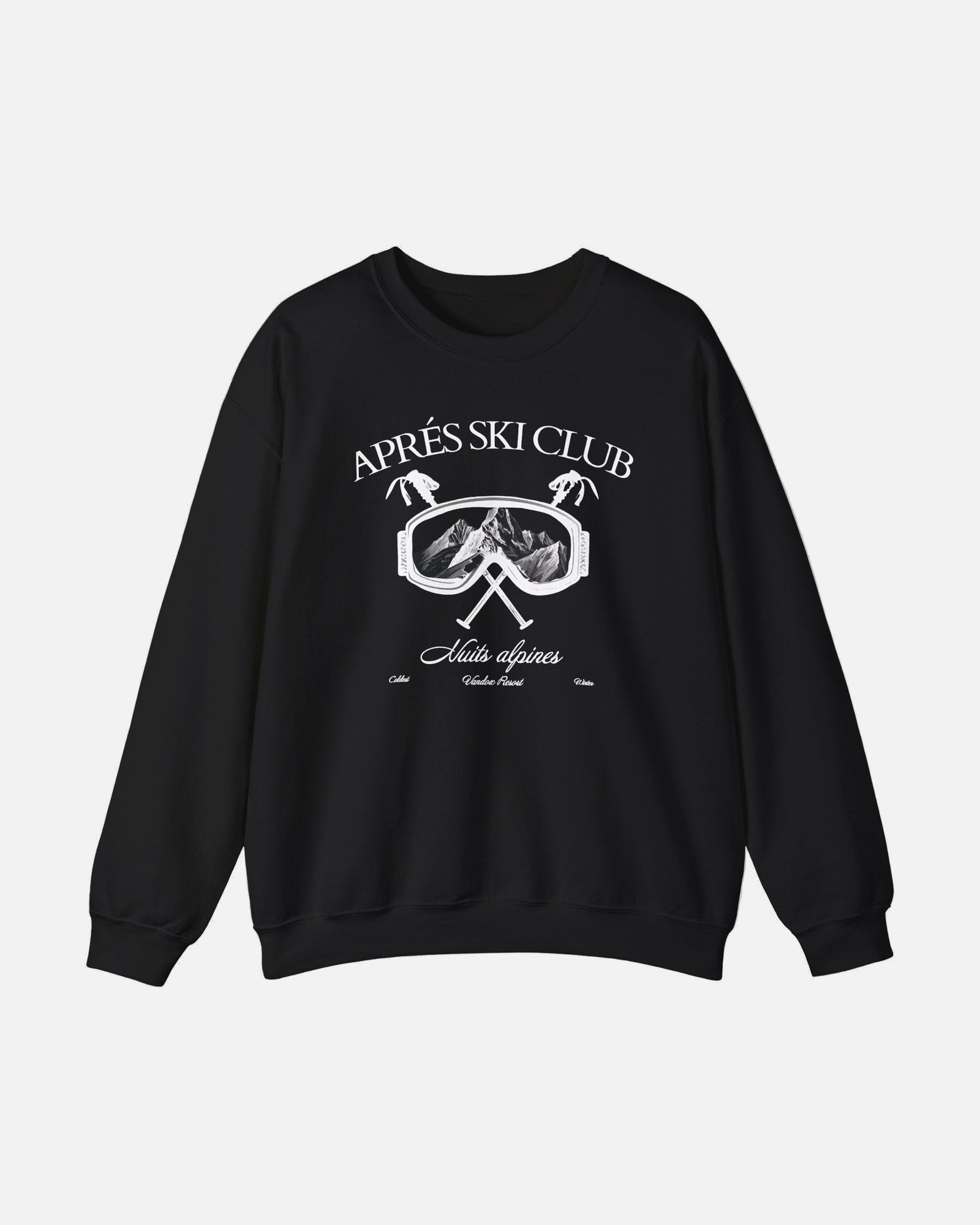 Front view of the deep black Ski Society Crewneck by Vandox with alpine ski goggle graphic and “Après Ski Club” text. Starboy old money hoodie sweatshirt clothes vandox sacrevandox vandox clothes vandox clothing