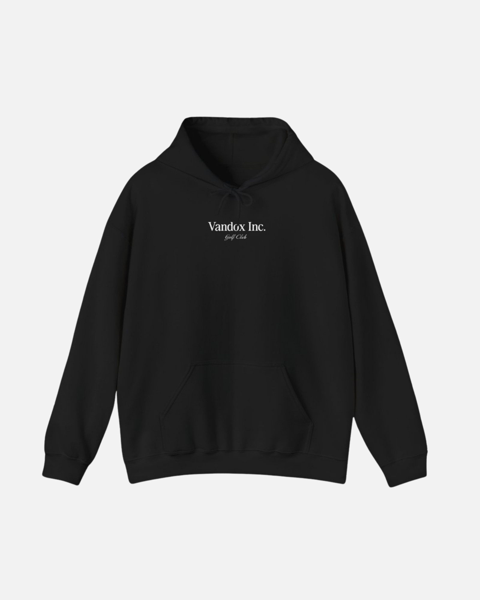 Front view of the Deep Black Vandox Stockholm Hoodie featuring minimal “Vandox Inc.” and bold “STOCKHOLM” lettering with Golf Club detail. Starboy old money hoodie sweatshirt clothes vandox sacrevandox vandox clothes vandox clothing