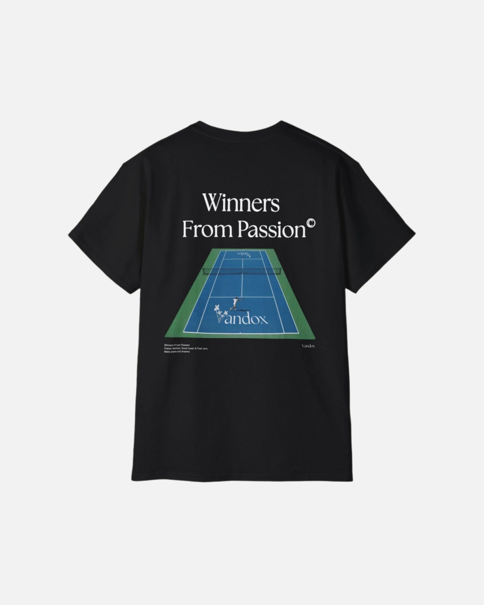 Deep black Vandox Tennis Court T-Shirt with a back graphic of a tennis court and the phrase “Winners From Passion,” blending sport luxury with old money style. Starboy old money shirt tshirt clothes vandox sacrevandox vandox clothes vandox clothing