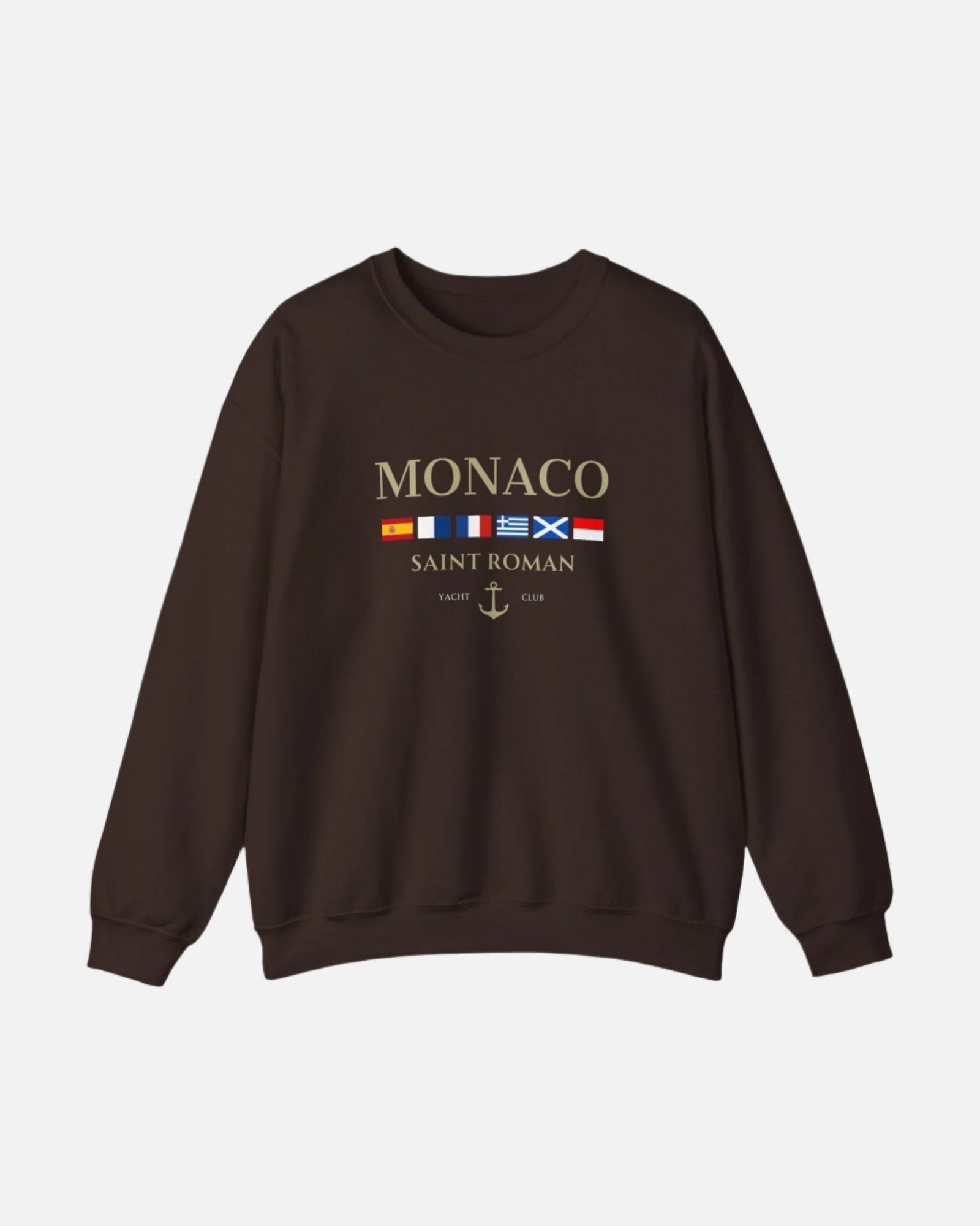 Dark Chocolate Brown Vandox Monaco Saint Roman Yacht Club crewneck featuring international maritime flags, gold lettering, and anchor detail—blending old money elegance with nautical style. Starboy old money hoodie sweatshirt clothes vandox sacrevandox vandox clothes vandox clothing