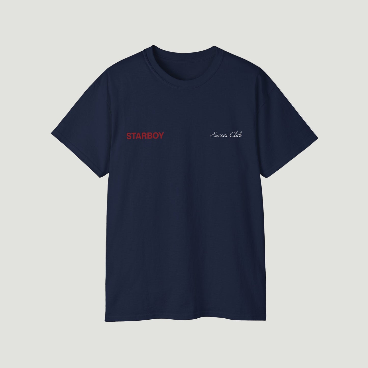 Front view of Dark Navy Blue NYC Starboy Classic T-Shirt by Vandox with red "STARBOY" and white "Success Club" embroidery. Starboy old money shirt tshirt clothes vandox sacrevandox vandox clothes vandox clothing