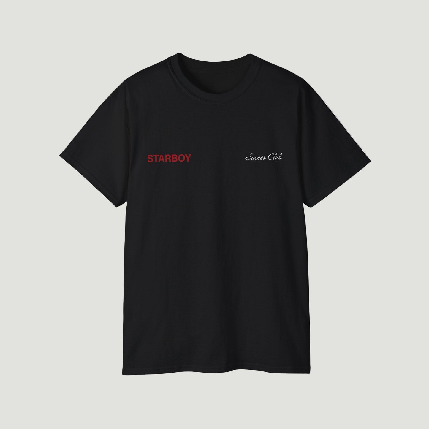 Front view of Deep Black NYC Starboy Classic T-Shirt by Vandox with red "STARBOY" and white "Success Club" embroidery. Starboy old money shirt tshirt clothes vandox sacrevandox vandox clothes vandox clothing