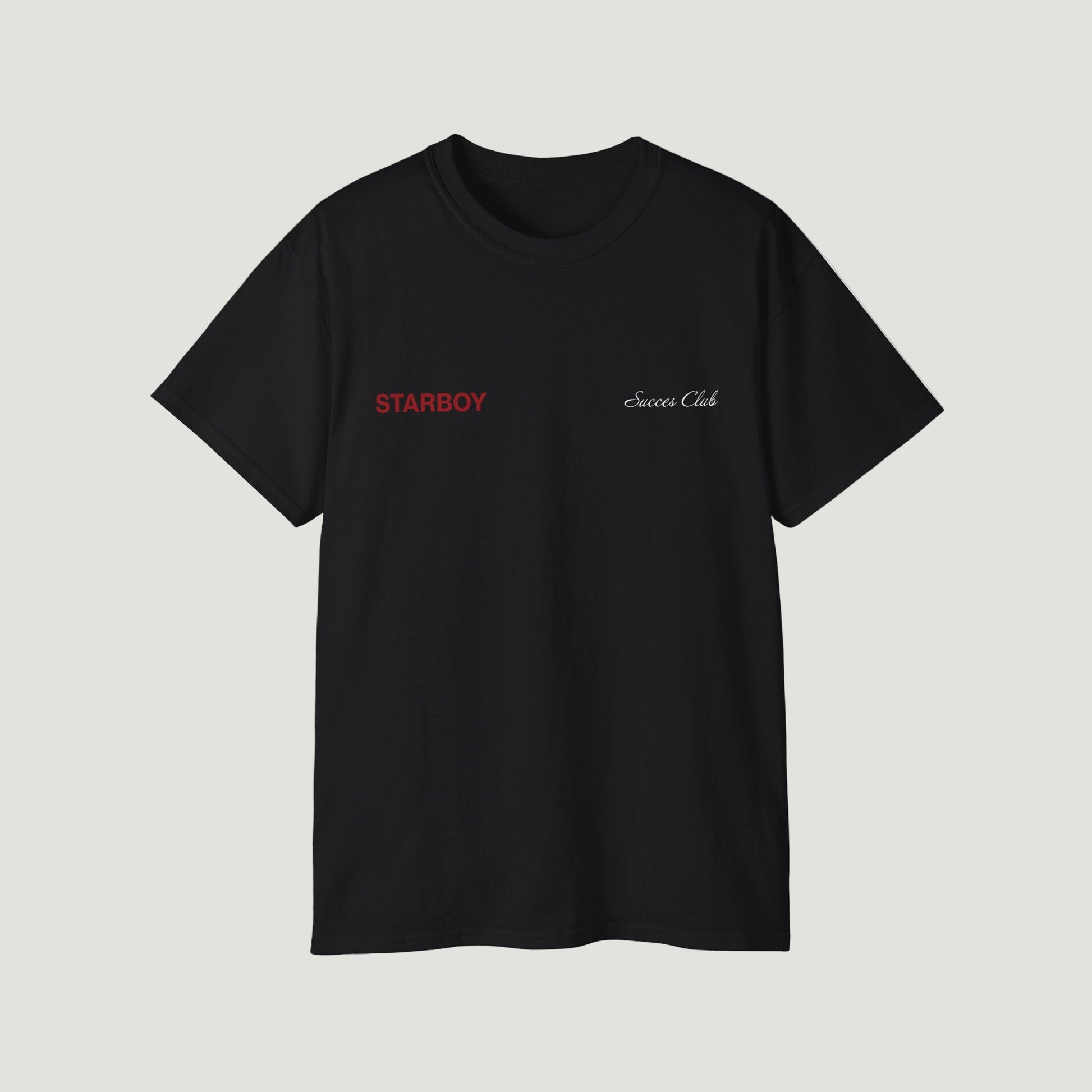 Front view of Deep Black NYC Starboy Classic T-Shirt by Vandox with red "STARBOY" and white "Success Club" embroidery. Starboy old money shirt tshirt clothes vandox sacrevandox vandox clothes vandox clothing