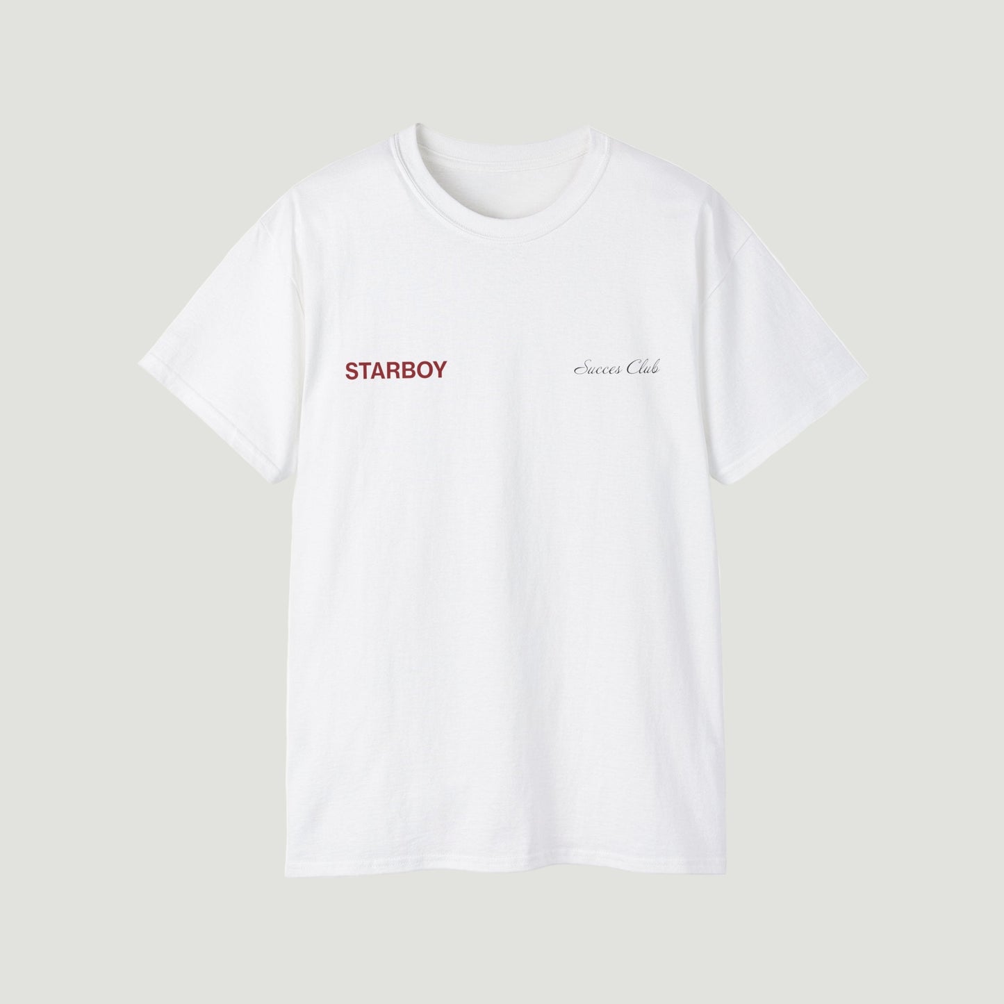 Front view of Eggshell White NYC Starboy Classic T-Shirt by Vandox with red "STARBOY" and white "Success Club" embroidery. Starboy old money shirt tshirt clothes vandox sacrevandox vandox clothes vandox clothing