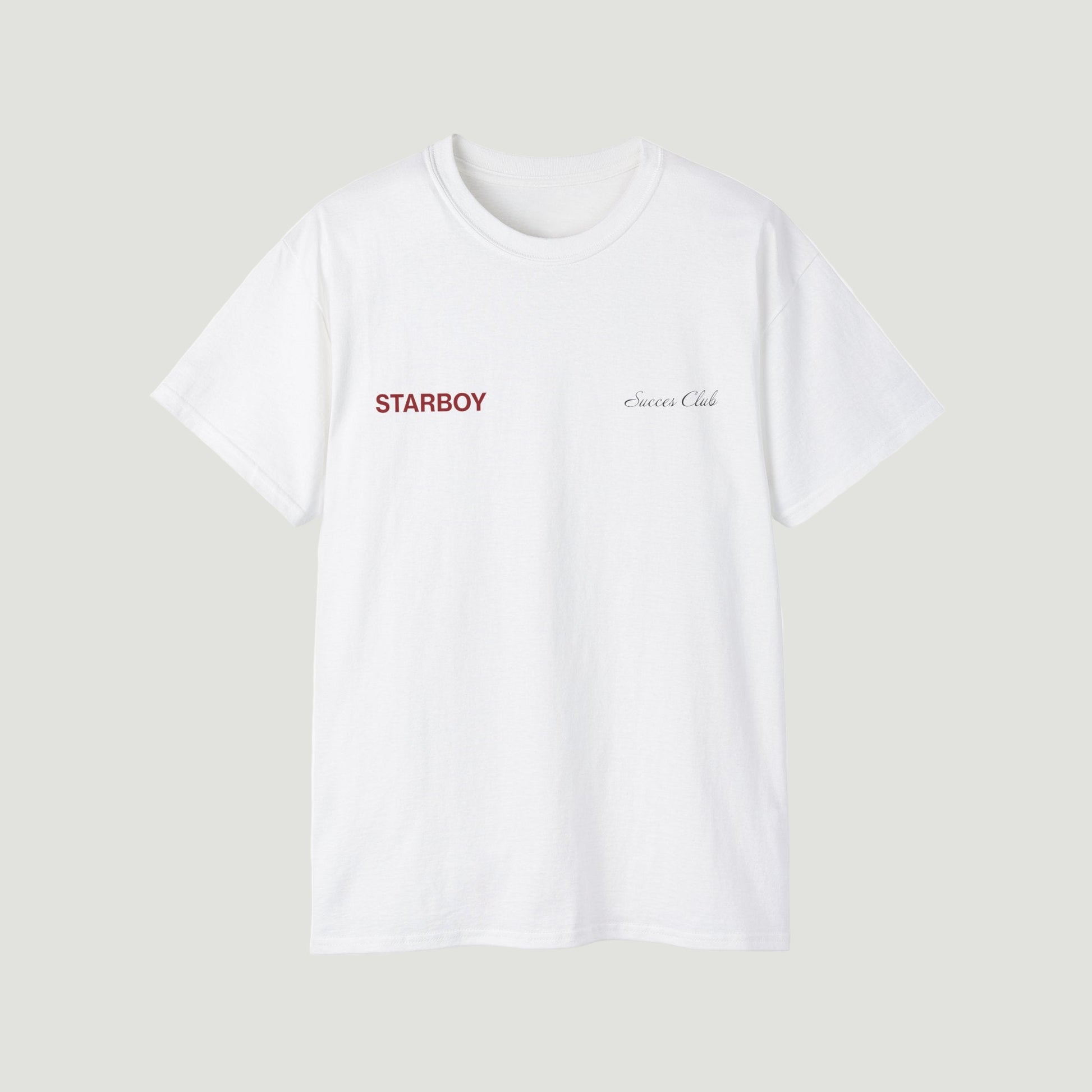 Front view of Eggshell White NYC Starboy Classic T-Shirt by Vandox with red "STARBOY" and white "Success Club" embroidery. Starboy old money shirt tshirt clothes vandox sacrevandox vandox clothes vandox clothing