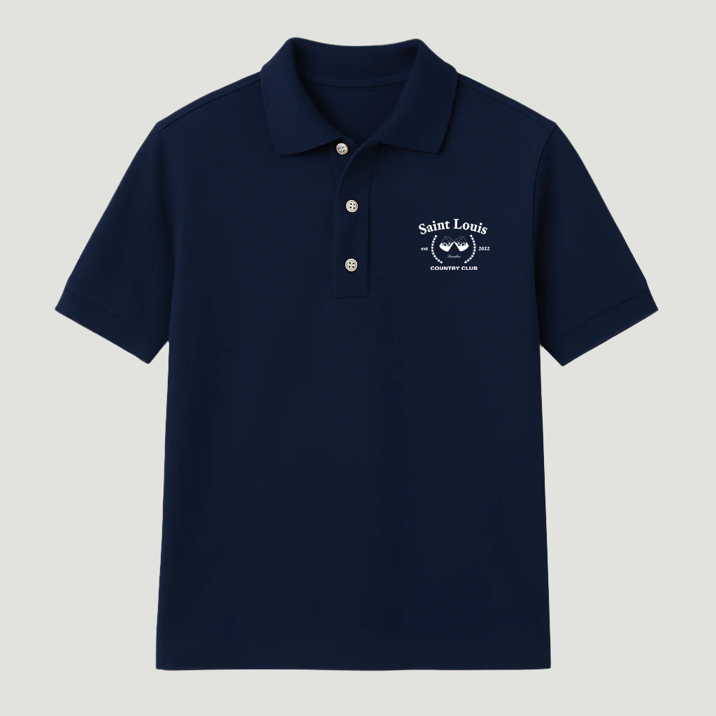 Front view of the dark navy blue Vandox Saint Louis Country Polo featuring embroidered “Saint Louis Country Club” crest with crossed golf clubs and laurel detail. Starboy old money polo shirt clothes vandox sacrevandox vandox clothes vandox clothing