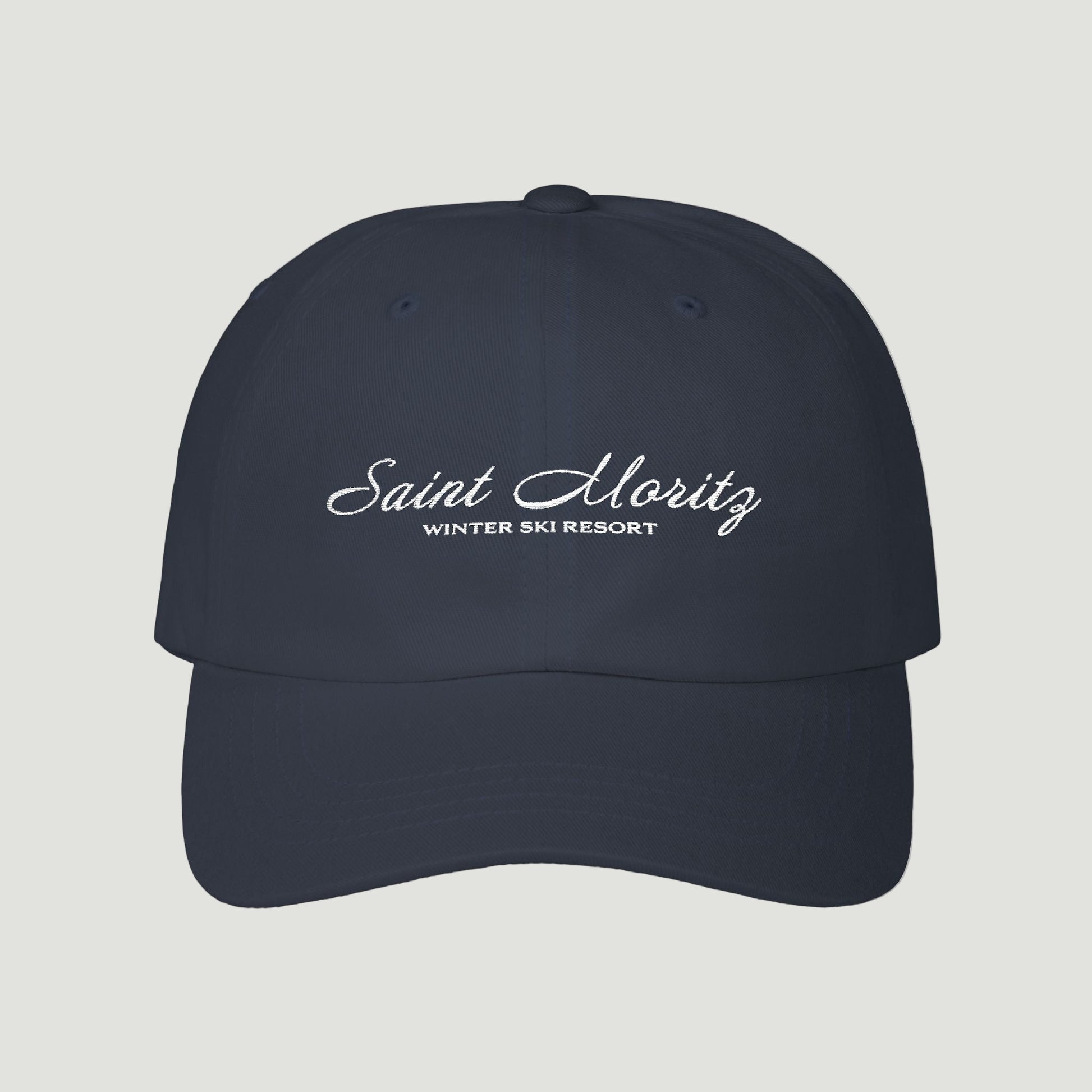 Front view of the dark deep blue navy Vandox Alpine Escape Cap with embroidered Saint Moritz Winter Ski Resort design. Hat Cap Baseball Cap Baseball Hat starboy hat old money hats vandox sacre vandox sacrevandox vandox clothing