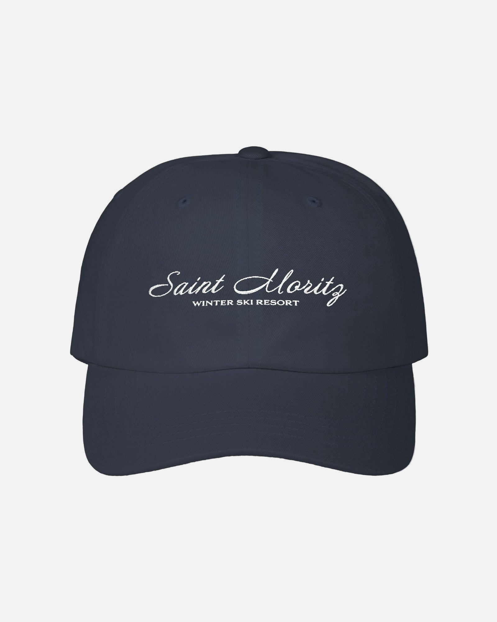 Front view of the dark deep blue navy Vandox Alpine Escape Cap with embroidered Saint Moritz Winter Ski Resort design. Hat Cap Baseball Cap Baseball Hat starboy hat old money hats vandox sacre vandox sacrevandox vandox clothing