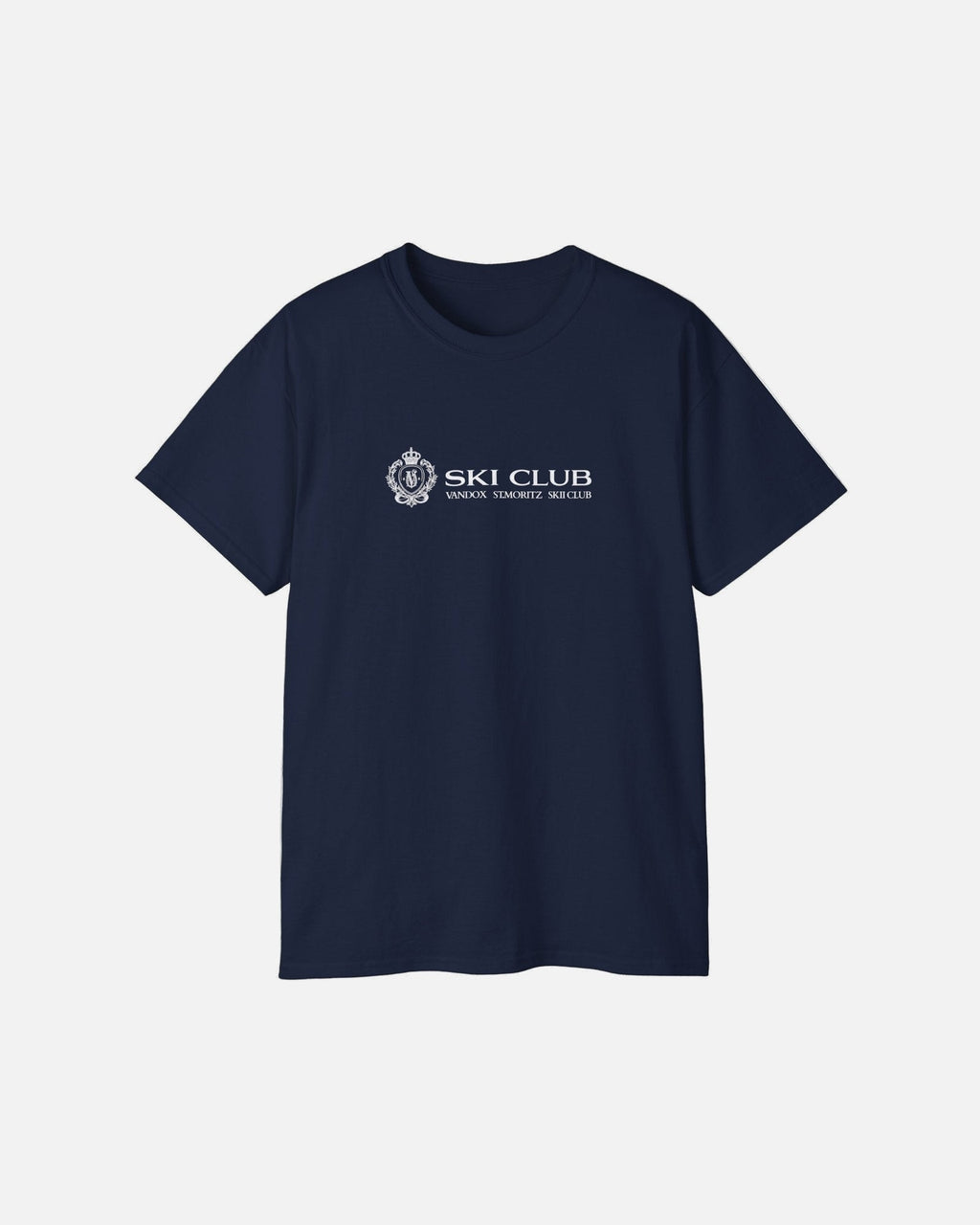 Front view of the deep dark blue navy Alpine Ski Club T-Shirt by Vandox with crest and “Ski Club” text. Starboy old money shirt tshirt clothes vandox sacrevandox vandox clothes vandox clothing