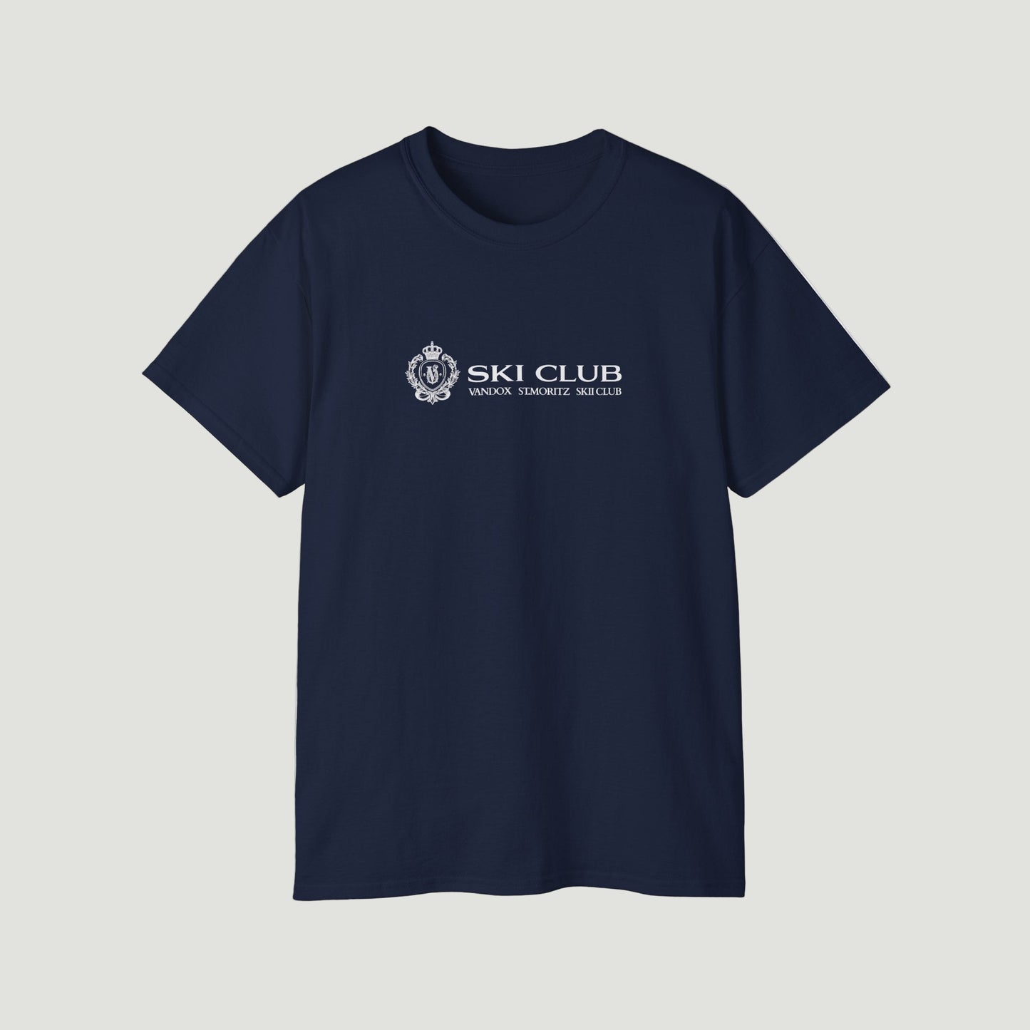 Front view of the deep dark blue navy Alpine Ski Club T-Shirt by Vandox with crest and “Ski Club” text. Starboy old money shirt tshirt clothes vandox sacrevandox vandox clothes vandox clothing