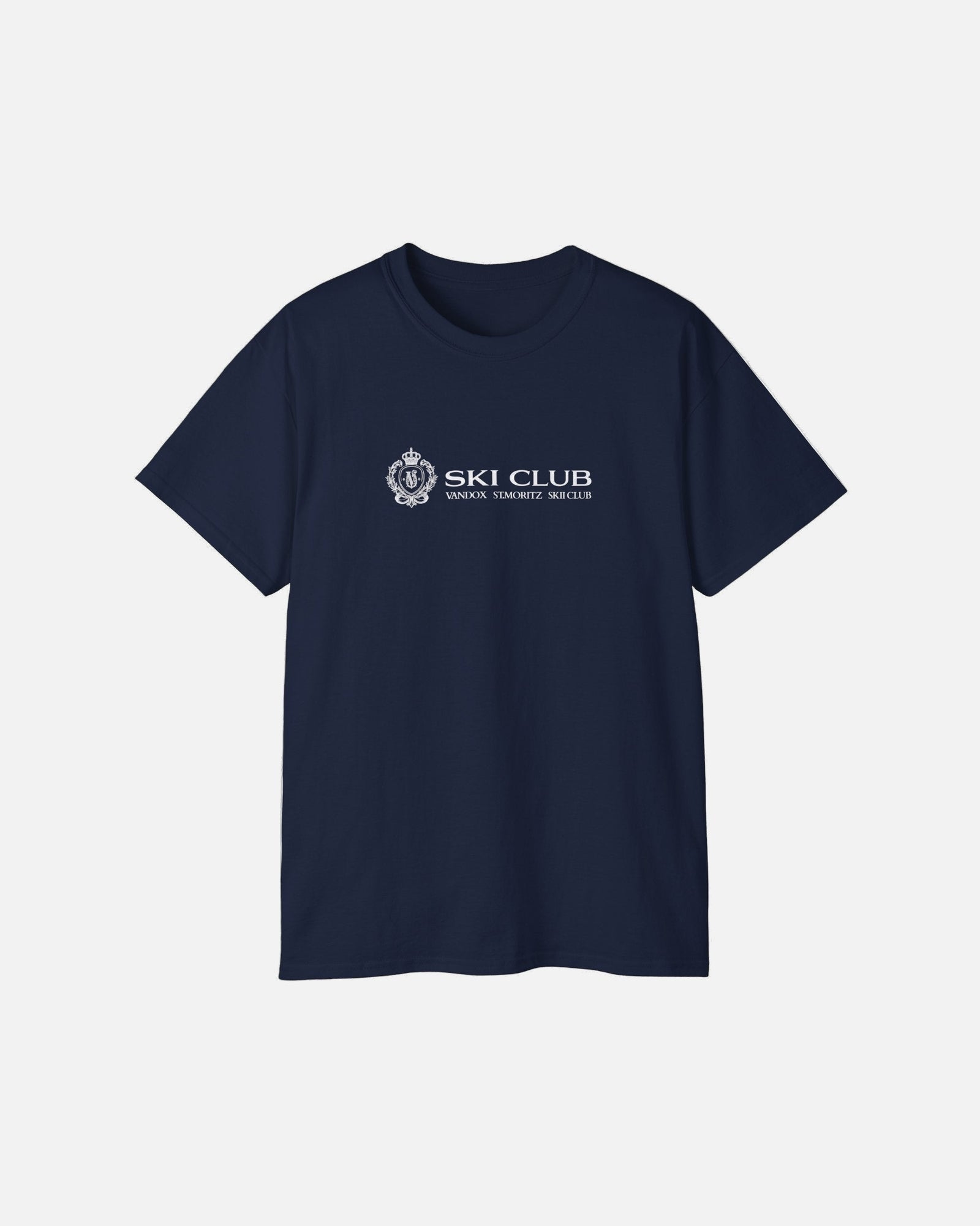 Front view of the deep dark blue navy Alpine Ski Club T-Shirt by Vandox with crest and “Ski Club” text. Starboy old money shirt tshirt clothes vandox sacrevandox vandox clothes vandox clothing