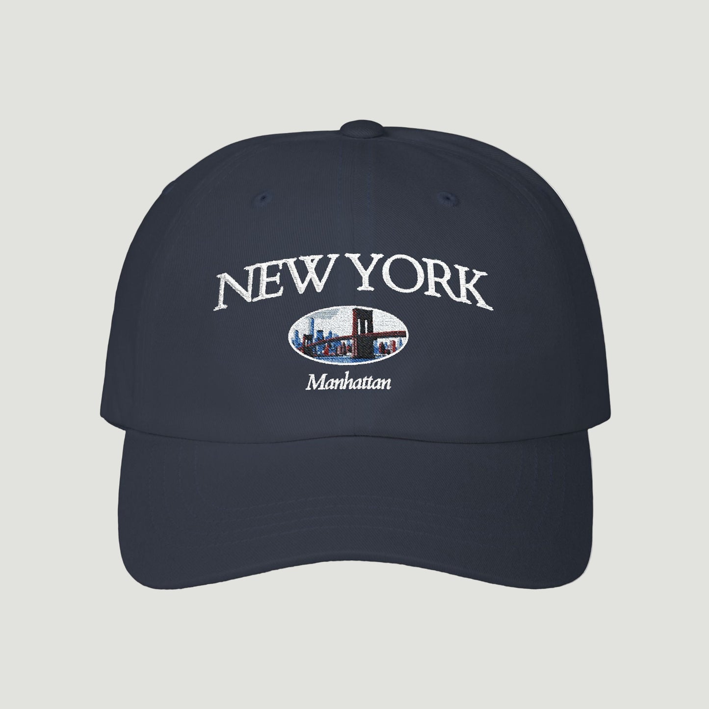 Front view of the deep dark blue navy Vandox Empire State Cap featuring embroidered New York lettering and Manhattan skyline design with the Brooklyn Bridge. Starboy old money accessories accessory hat cap vandox sacrevandox vandox clothes vandox baseball cap baseball hat