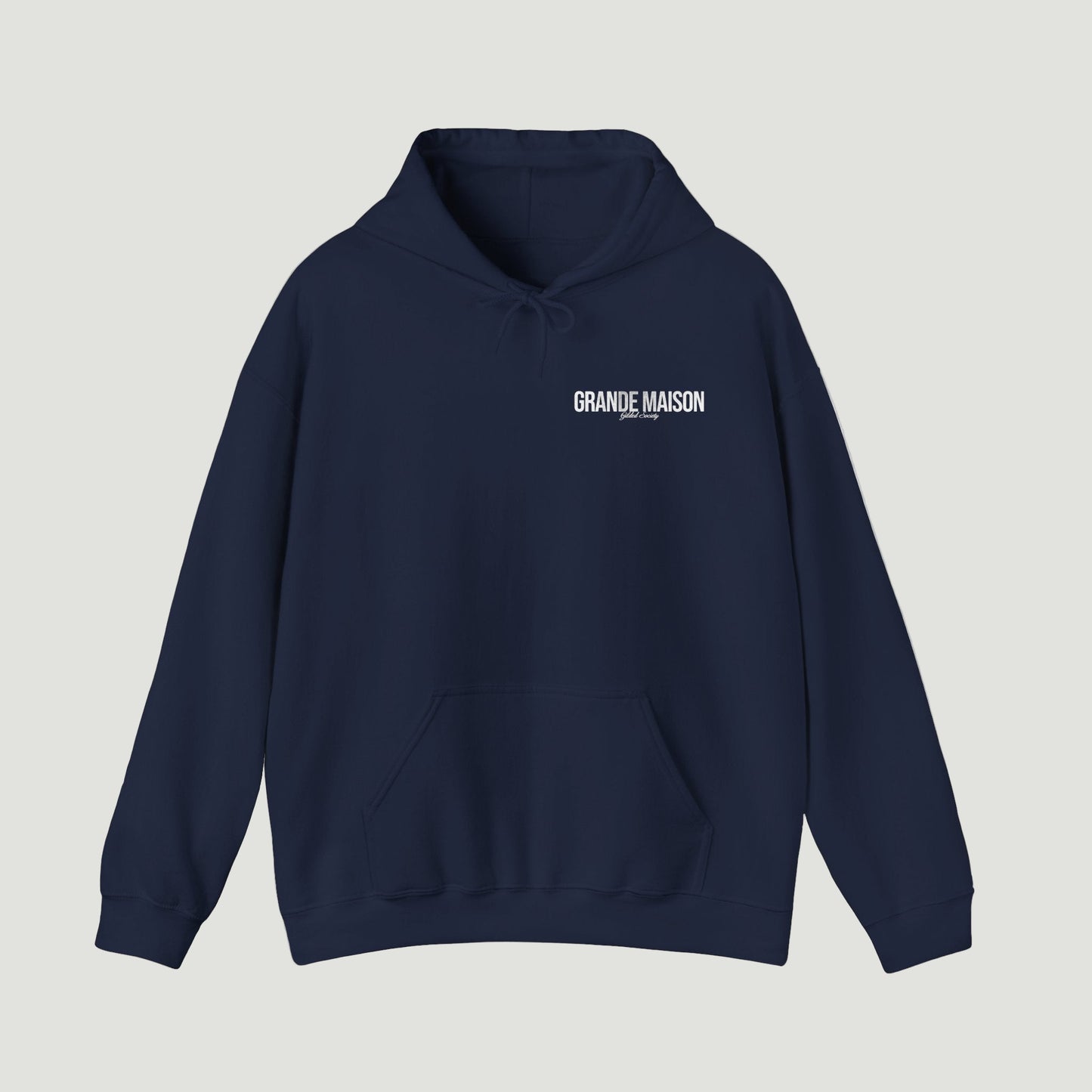 Front view of deep dark blue navy Grande Maison Hoodie featuring minimalist “Grande Maison” text on the chest. Starboy old money hoodie sweatshirt clothes vandox sacrevandox vandox clothes vandox clothing