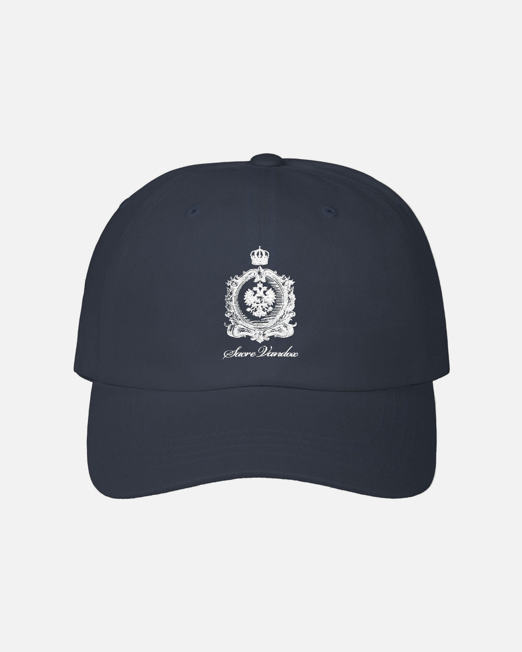 Front view of the deep dark blue navy Maison Royale Cap by Vandox with embroidered crest and script text. Starboy old money accessories accessory hat cap vandox sacrevandox vandox clothes vandox baseball cap baseball hat