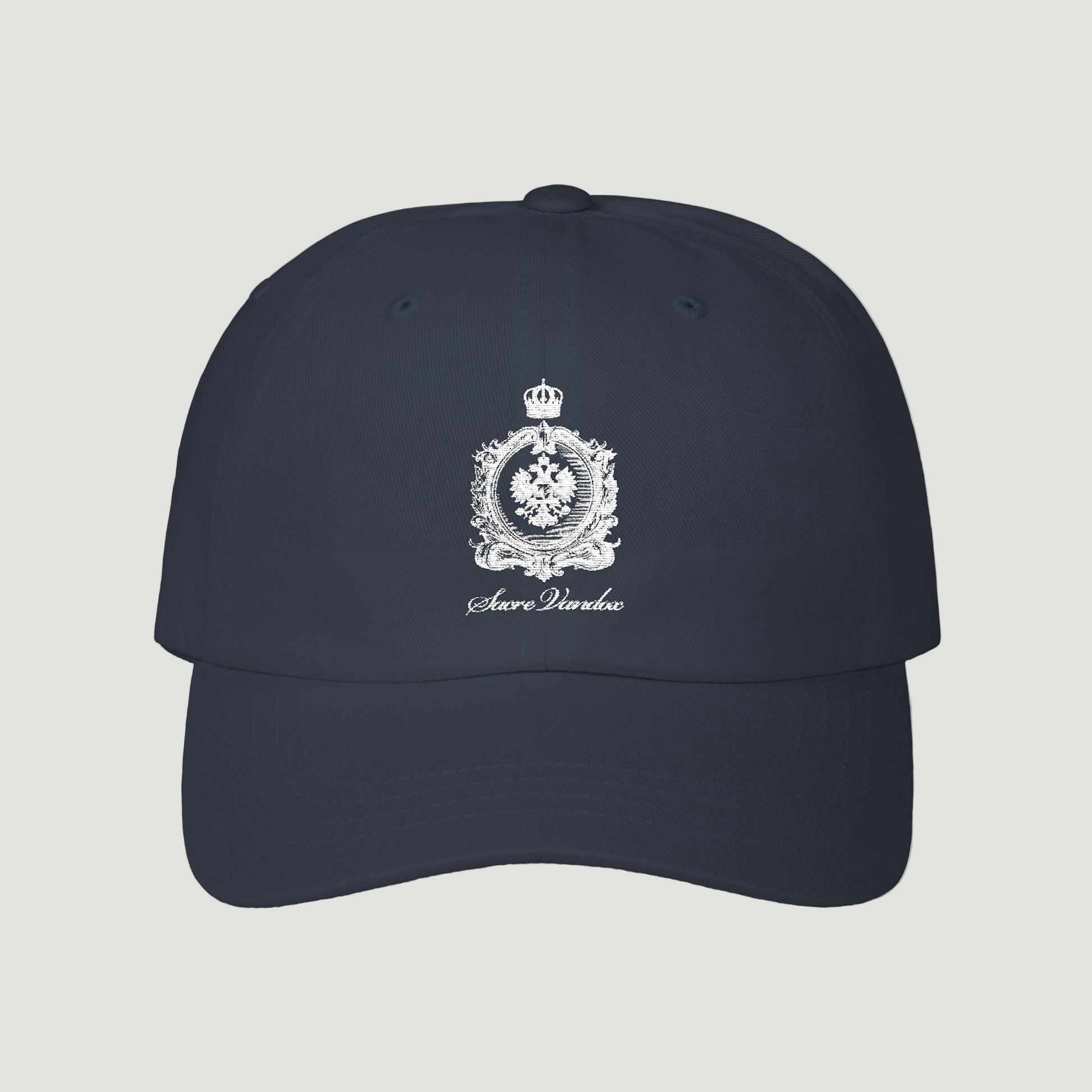 Front view of the deep dark blue navy Maison Royale Cap by Vandox with embroidered crest and script text. Starboy old money accessories accessory hat cap vandox sacrevandox vandox clothes vandox baseball cap baseball hat