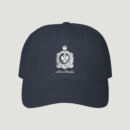 Front view of the deep dark blue navy Maison Royale Cap by Vandox with embroidered crest and script text. Starboy old money accessories accessory hat cap vandox sacrevandox vandox clothes vandox baseball cap baseball hat