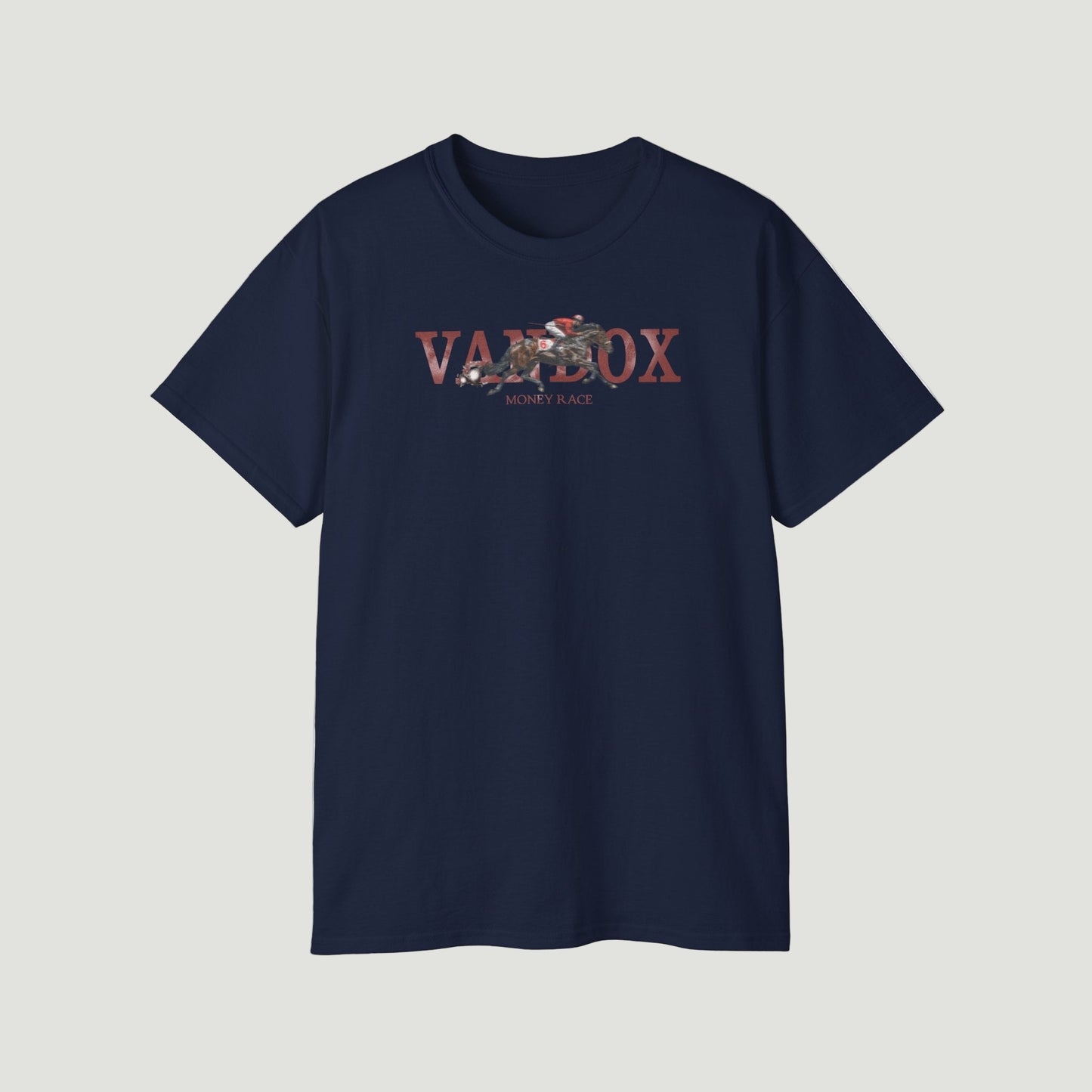 Front view of Deep Navy Blue Vandox Silent Wager T-Shirt with horse racing graphic, bold “VANDOX” lettering, and “Money Race” tagline. Starboy old money shirt tshirt clothes vandox sacrevandox vandox clothes vandox clothing