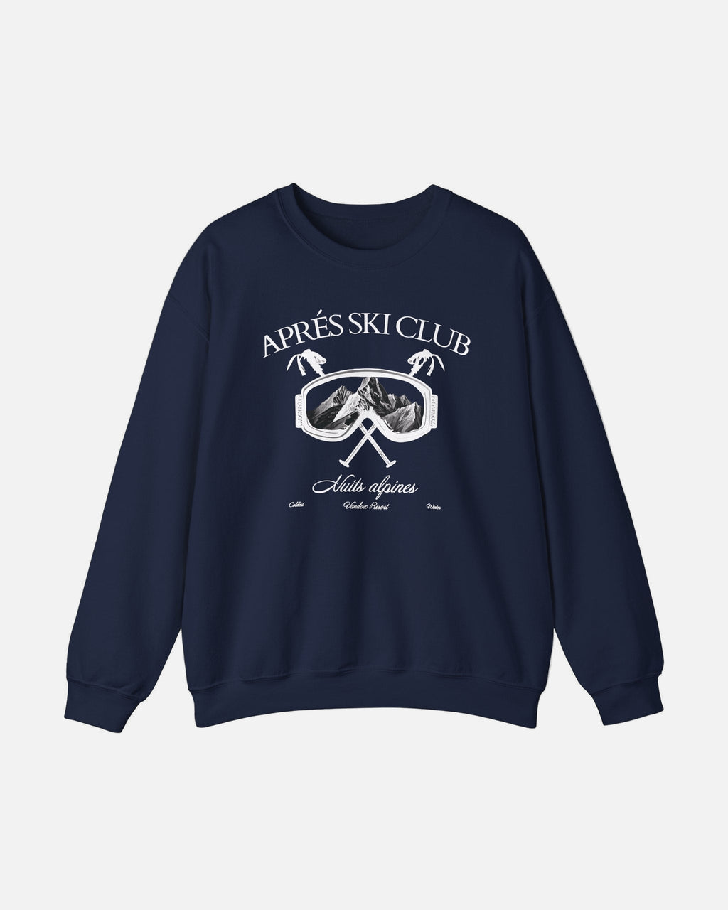 Front view of the deep dark blue navy Ski Society Crewneck by Vandox with alpine ski goggle graphic and “Après Ski Club” text. Starboy old money hoodie sweatshirt clothes vandox sacrevandox vandox clothes vandox clothing
