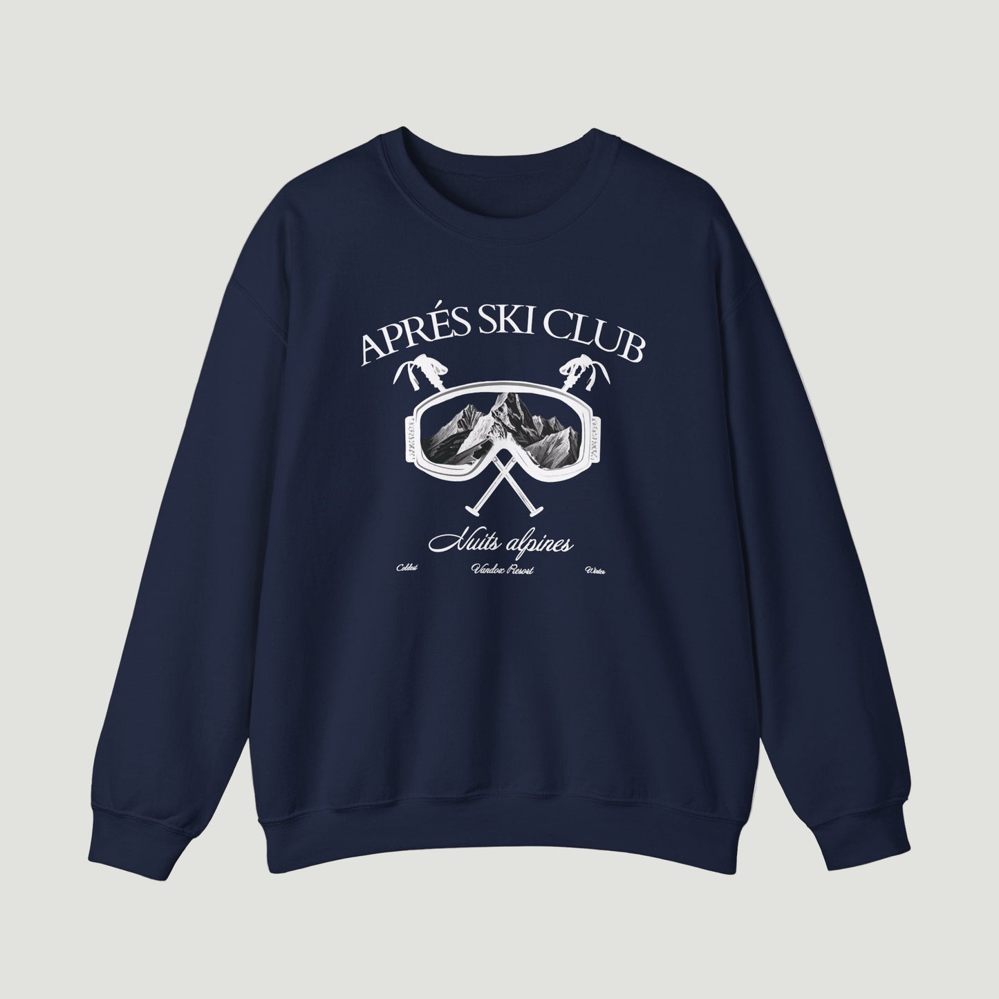 Front view of the deep dark blue navy Ski Society Crewneck by Vandox with alpine ski goggle graphic and “Après Ski Club” text. Starboy old money hoodie sweatshirt clothes vandox sacrevandox vandox clothes vandox clothing