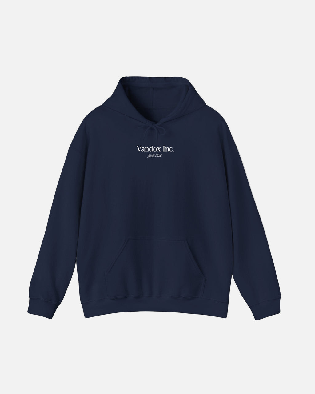 Front view of the Deep Navy Blue Vandox Stockholm Hoodie featuring minimal “Vandox Inc.” and bold “STOCKHOLM” lettering with Golf Club detail. Starboy old money hoodie sweatshirt clothes vandox sacrevandox vandox clothes vandox clothing
