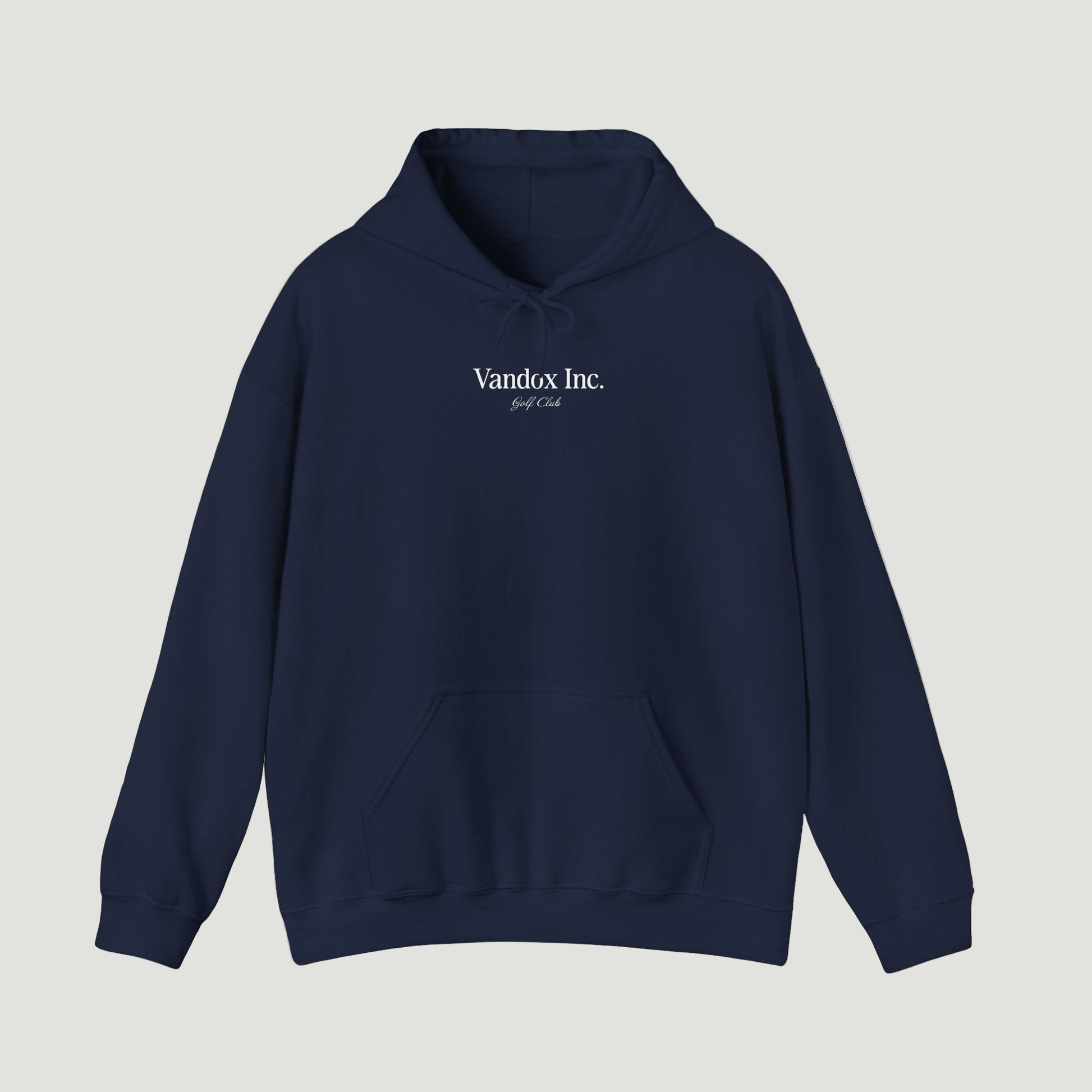 Front view of the Deep Navy Blue Vandox Stockholm Hoodie featuring minimal “Vandox Inc.” and bold “STOCKHOLM” lettering with Golf Club detail. Starboy old money hoodie sweatshirt clothes vandox sacrevandox vandox clothes vandox clothing
