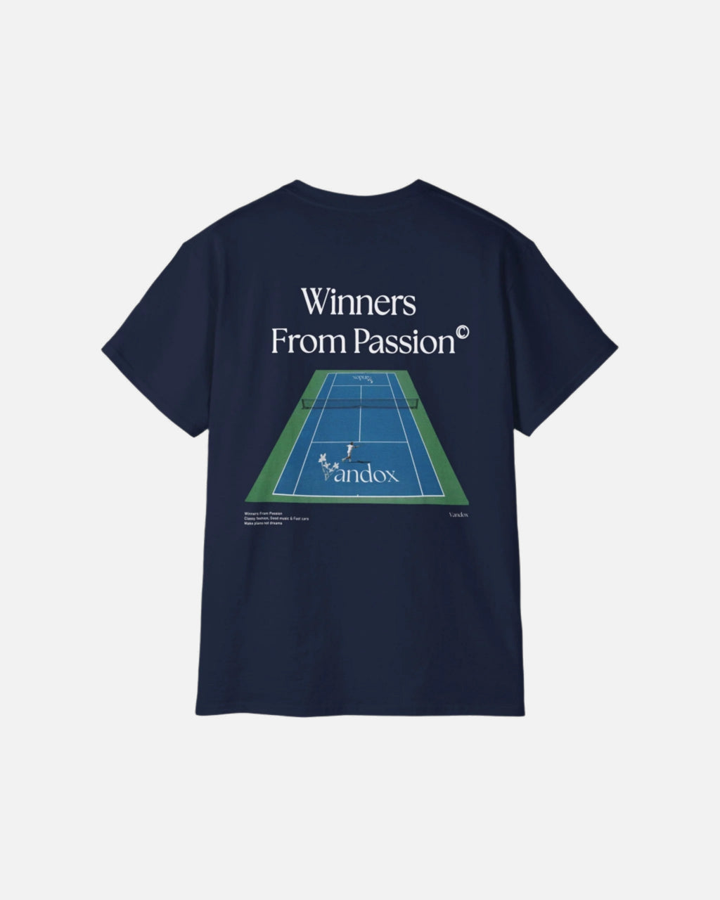 Deep Dark Blue Navy Vandox Tennis Court T-Shirt with a back graphic of a tennis court and the phrase “Winners From Passion,” blending sport luxury with old money style. Starboy old money shirt tshirt clothes vandox sacrevandox vandox clothes vandox clothing