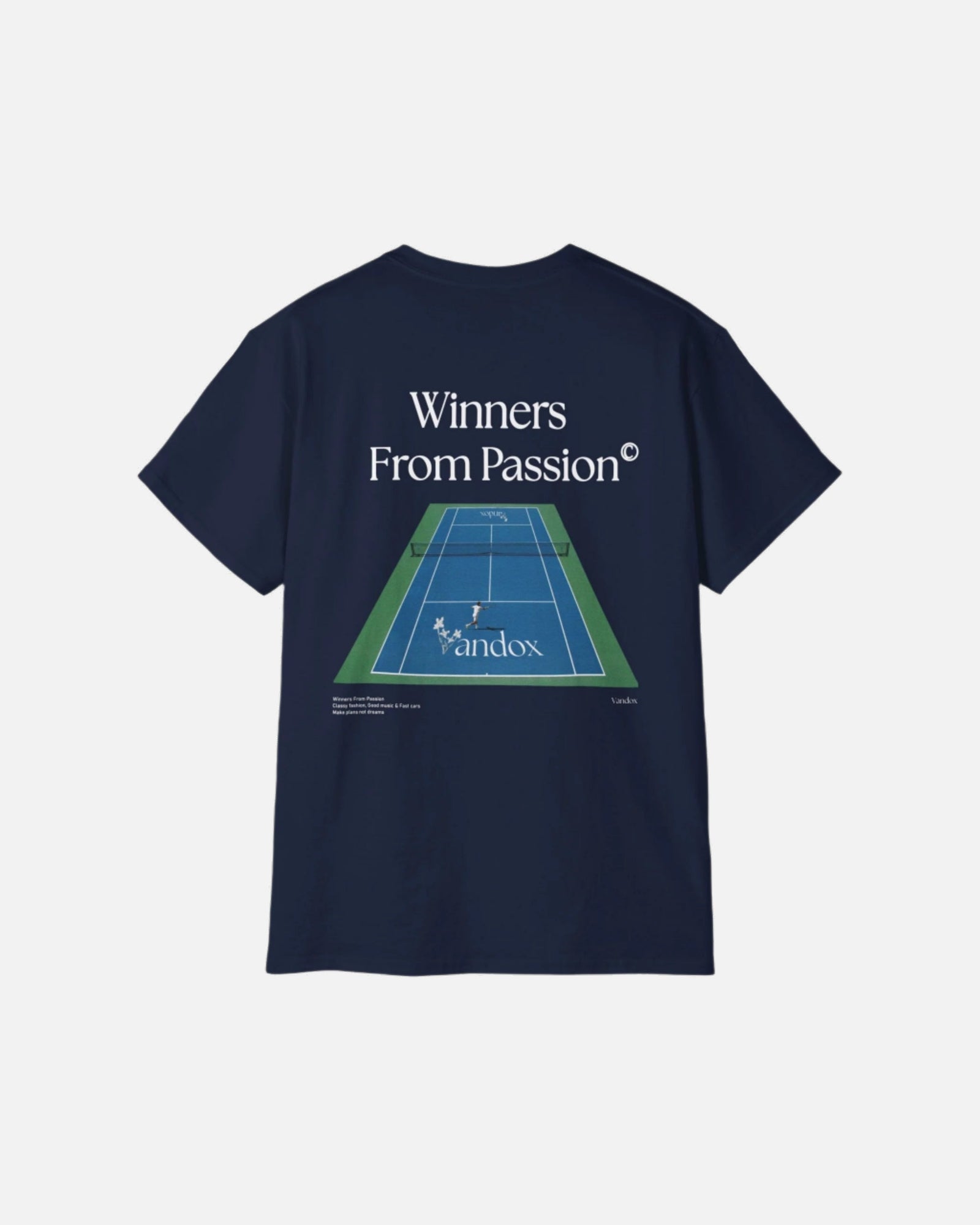 Deep Dark Blue Navy Vandox Tennis Court T-Shirt with a back graphic of a tennis court and the phrase “Winners From Passion,” blending sport luxury with old money style. Starboy old money shirt tshirt clothes vandox sacrevandox vandox clothes vandox clothing