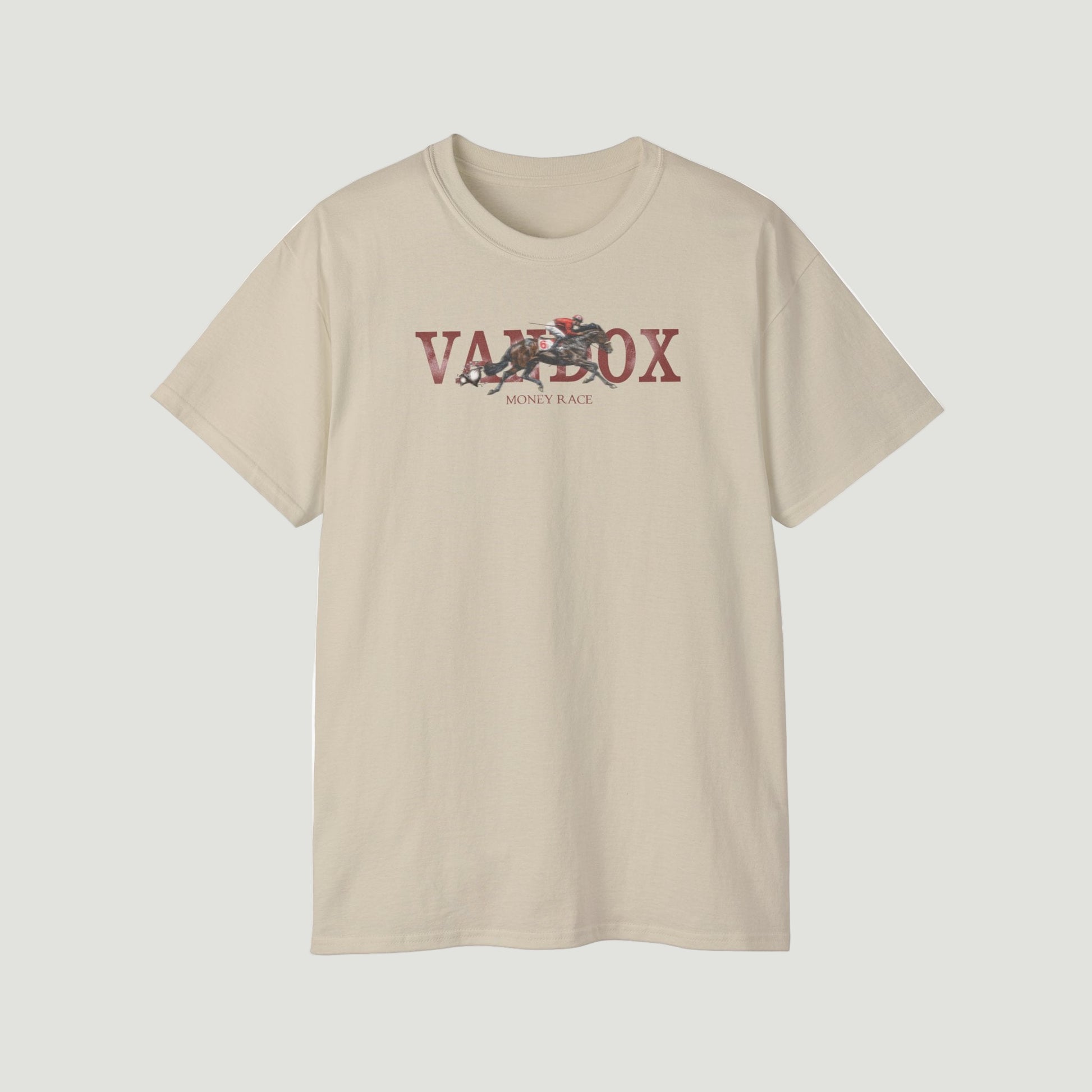 Front view of Sand Cream Vandox Silent Wager T-Shirt with horse racing graphic, bold “VANDOX” lettering, and “Money Race” tagline. Starboy old money shirt tshirt clothes vandox sacrevandox vandox clothes vandox clothing