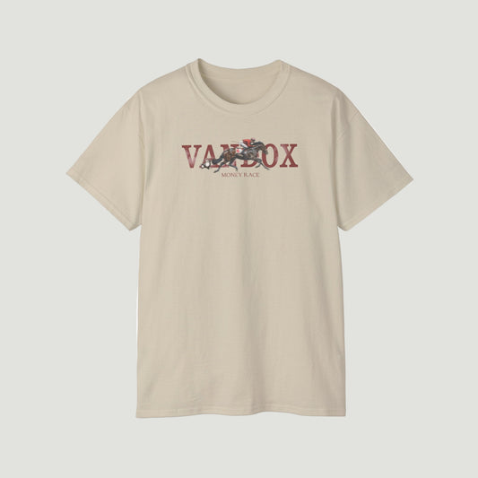 Front view of Sand Cream Vandox Silent Wager T-Shirt with horse racing graphic, bold “VANDOX” lettering, and “Money Race” tagline. Starboy old money shirt tshirt clothes vandox sacrevandox vandox clothes vandox clothing