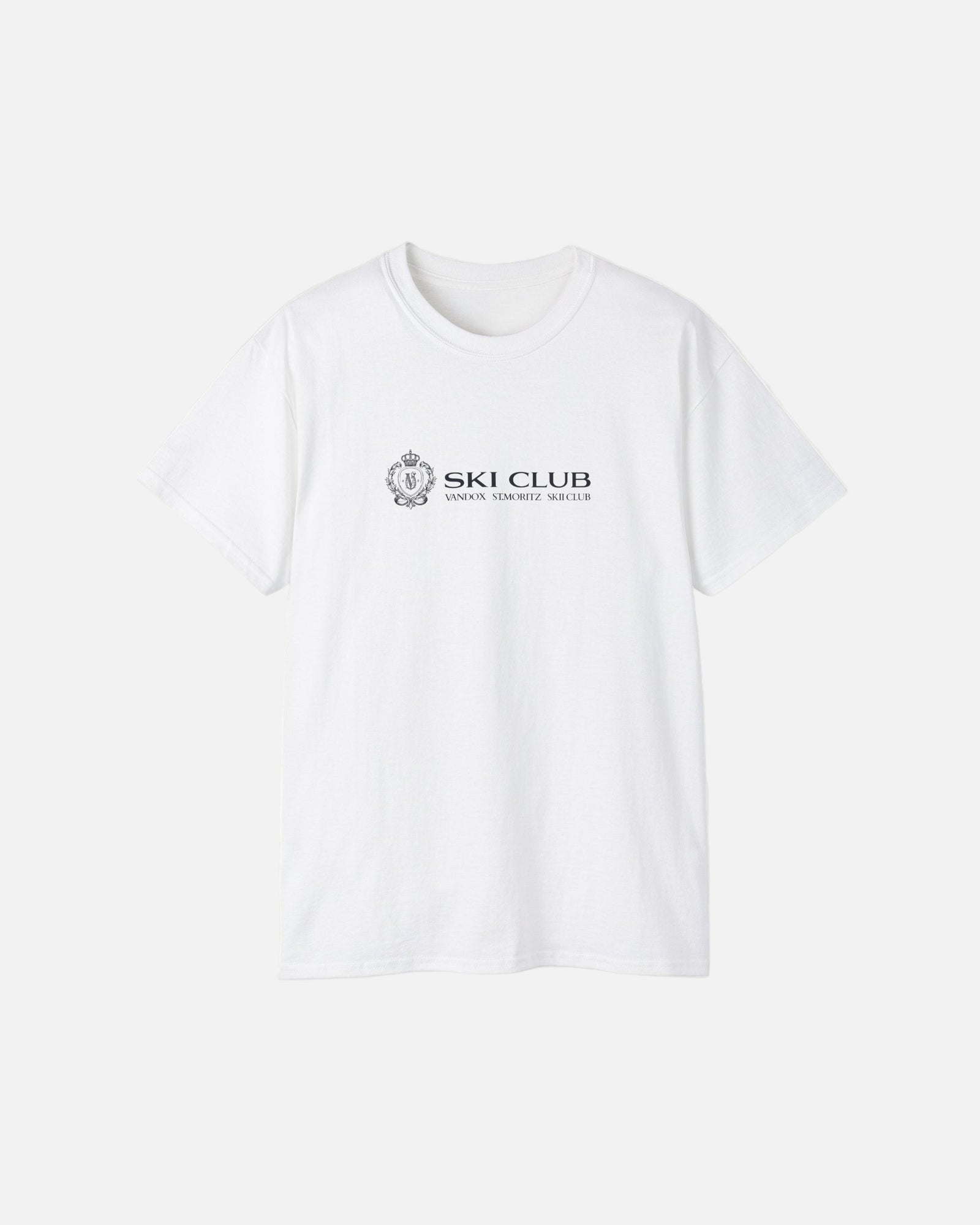 Front view of the eggshell white Alpine Ski Club T-Shirt by Vandox with crest and “Ski Club” text. Starboy old money shirt tshirt clothes vandox sacrevandox vandox clothes vandox clothing