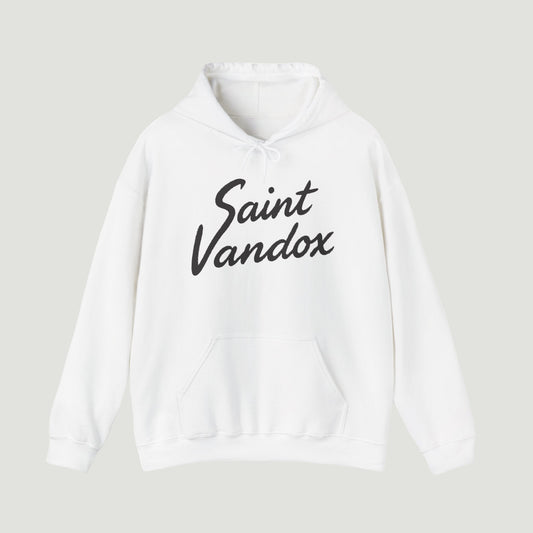 Front view of Eggshell White Vandox Canon Hoodie with bold “Saint Vandox” script in cursive across the chest. Starboy old money hoodie sweatshirt clothes vandox sacrevandox vandox clothes vandox clothing