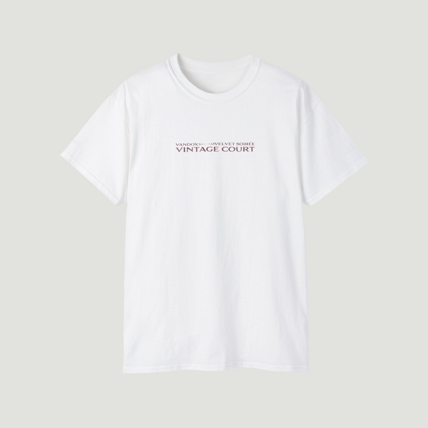 Front view of the eggshell white Grand Court T-Shirt by Vandox with minimalist “Vintage Court” text. Starboy old money shirt tshirt clothes vandox sacrevandox vandox clothes vandox clothing