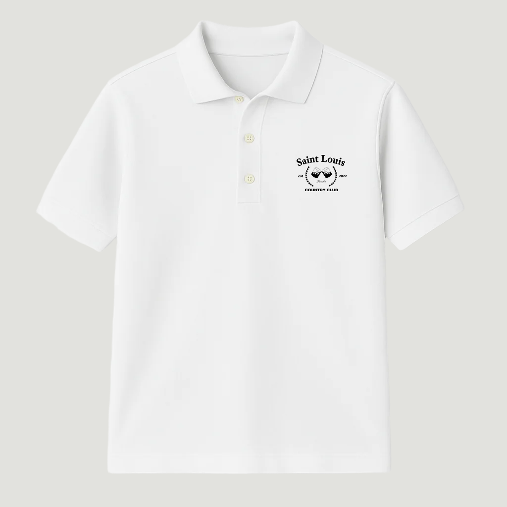 Front view of the eggshell white Vandox Saint Louis Country Polo featuring embroidered “Saint Louis Country Club” crest with crossed golf clubs and laurel detail. Starboy old money polo shirt clothes vandox sacrevandox vandox clothes vandox clothing