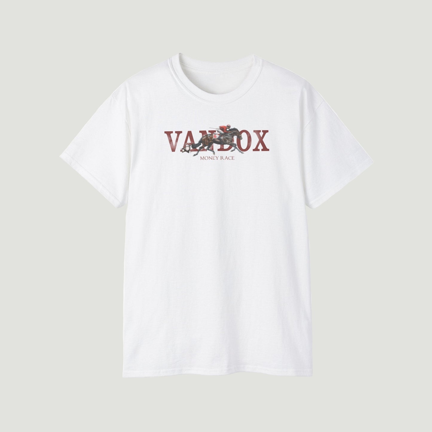 Front view of Eggshell White Vandox Silent Wager T-Shirt with horse racing graphic, bold “VANDOX” lettering, and “Money Race” tagline. Starboy old money shirt tshirt clothes vandox sacrevandox vandox clothes vandox clothing