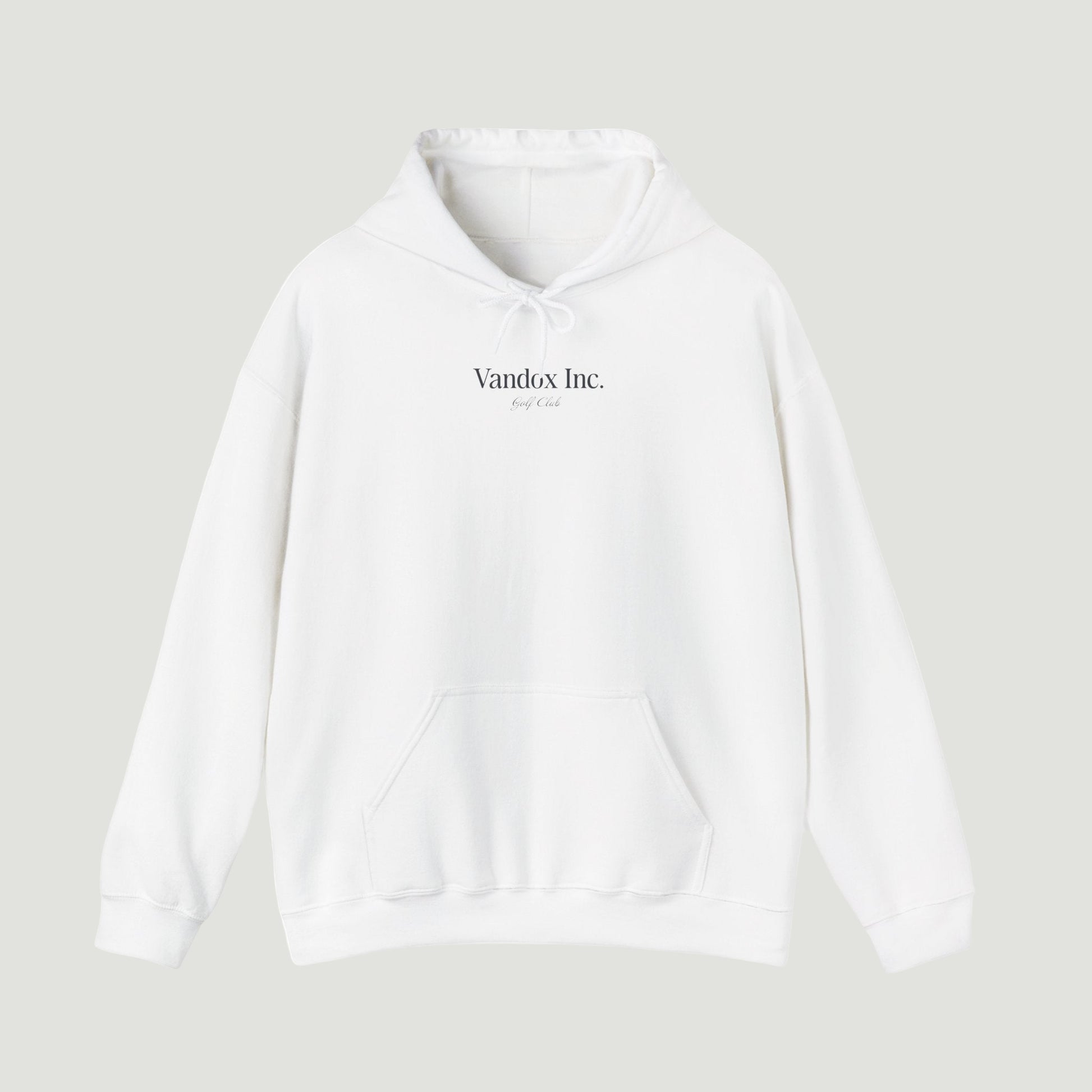 Front view of the Eggshell White Vandox Stockholm Hoodie featuring minimal “Vandox Inc.” and bold “STOCKHOLM” lettering with Golf Club detail. Starboy old money hoodie sweatshirt clothes vandox sacrevandox vandox clothes vandox clothing