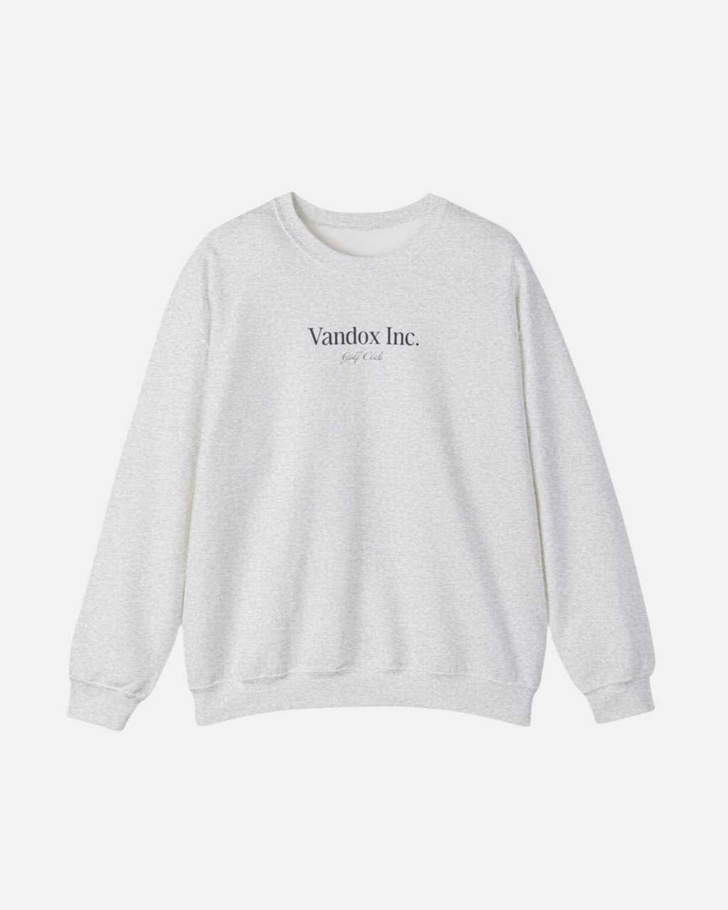 Front view of the Sport Grey Ash Vandox Stockholm Crewneck with subtle “Vandox Inc. Golf Club” print. Starboy old money hoodie sweatshirt clothes vandox sacrevandox vandox clothes vandox clothing crewneck