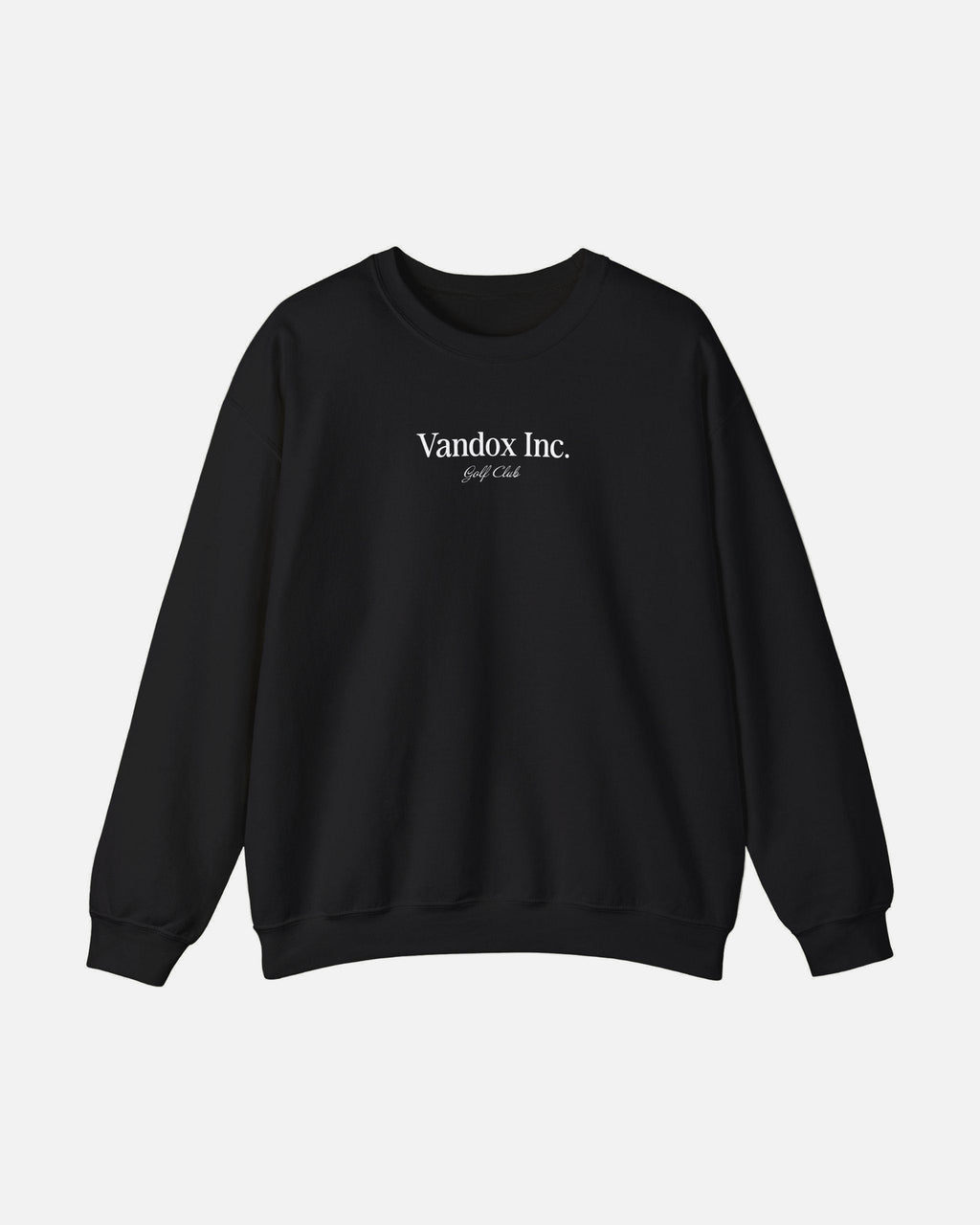 Front view of the Deep Black Vandox Stockholm Crewneck with subtle “Vandox Inc. Golf Club” print. Starboy old money hoodie sweatshirt clothes vandox sacrevandox vandox clothes vandox clothing crewneck