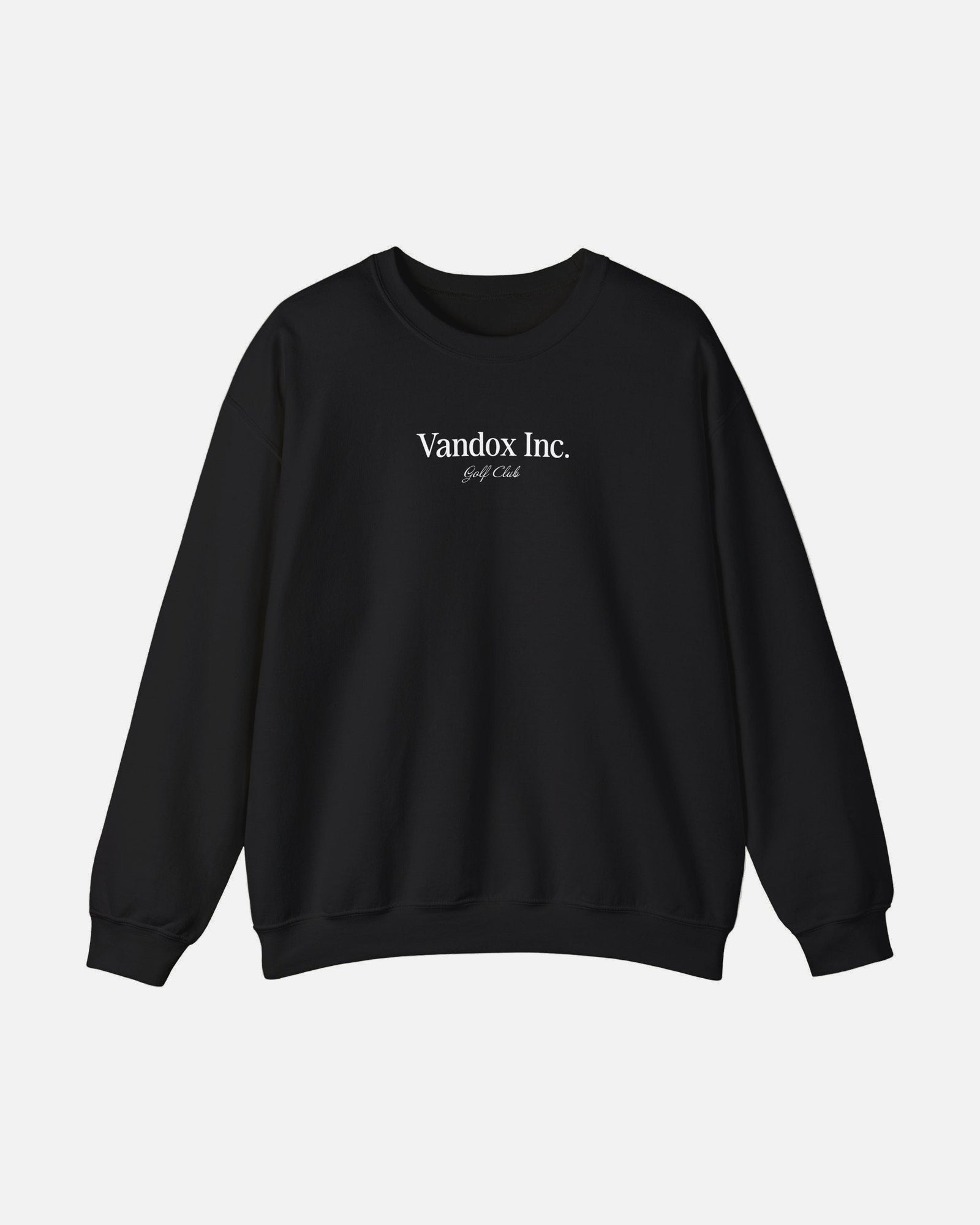 Front view of the Deep Black Vandox Stockholm Crewneck with subtle “Vandox Inc. Golf Club” print. Starboy old money hoodie sweatshirt clothes vandox sacrevandox vandox clothes vandox clothing crewneck