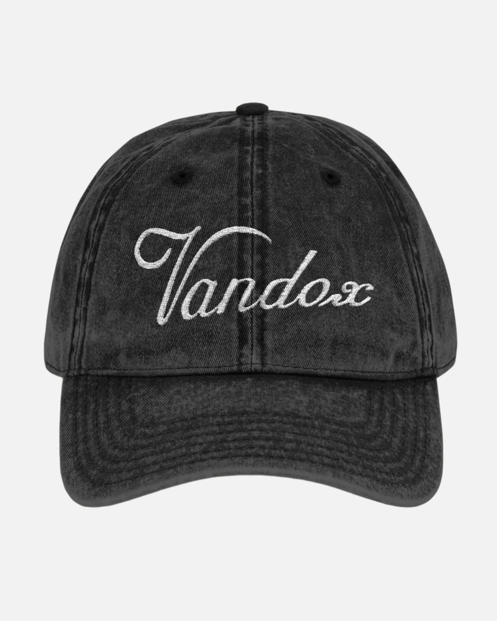 Deep Black Vandox Signature Origins Cap featuring embroidered logo, designed as a timeless SS25 essential for understated luxury and brand heritage. Starboy old money accessories accessory hat cap vandox sacrevandox vandox clothes vandox baseball cap baseball hat