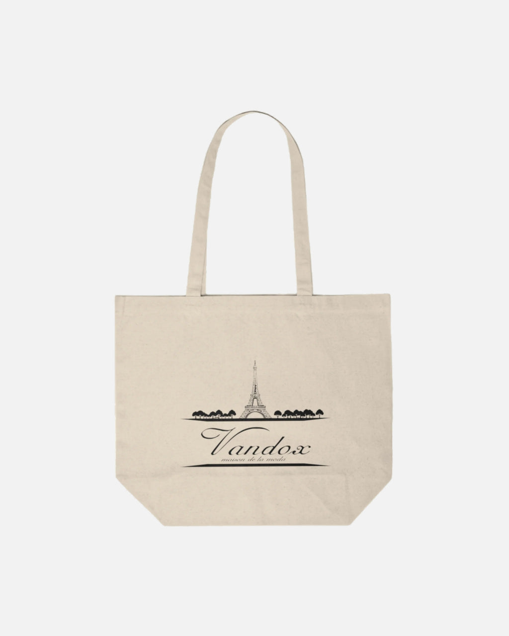 Beige Vandox Maison de la Mode Tote with Eiffel Tower sketch and fashion-inspired logo, designed for timeless Parisian elegance. Starboy old money tote bag accessories vandox sacrevandox bag 