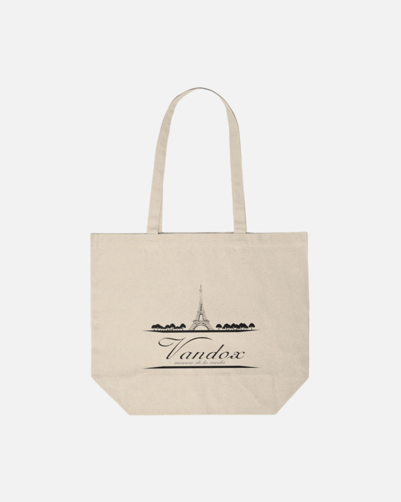 Beige Vandox Maison de la Mode Tote with Eiffel Tower sketch and fashion-inspired logo, designed for timeless Parisian elegance. Starboy old money tote bag accessories vandox sacrevandox bag 