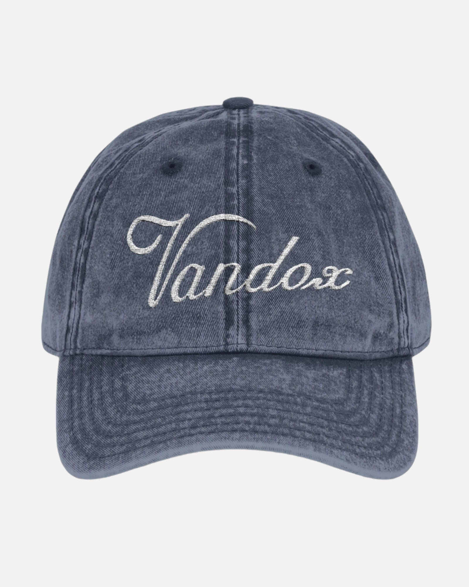 Deep Blue Navy Vandox Signature Origins Cap featuring embroidered logo, designed as a timeless SS25 essential for understated luxury and brand heritage. Starboy old money accessories accessory hat cap vandox sacrevandox vandox clothes vandox baseball cap baseball hat