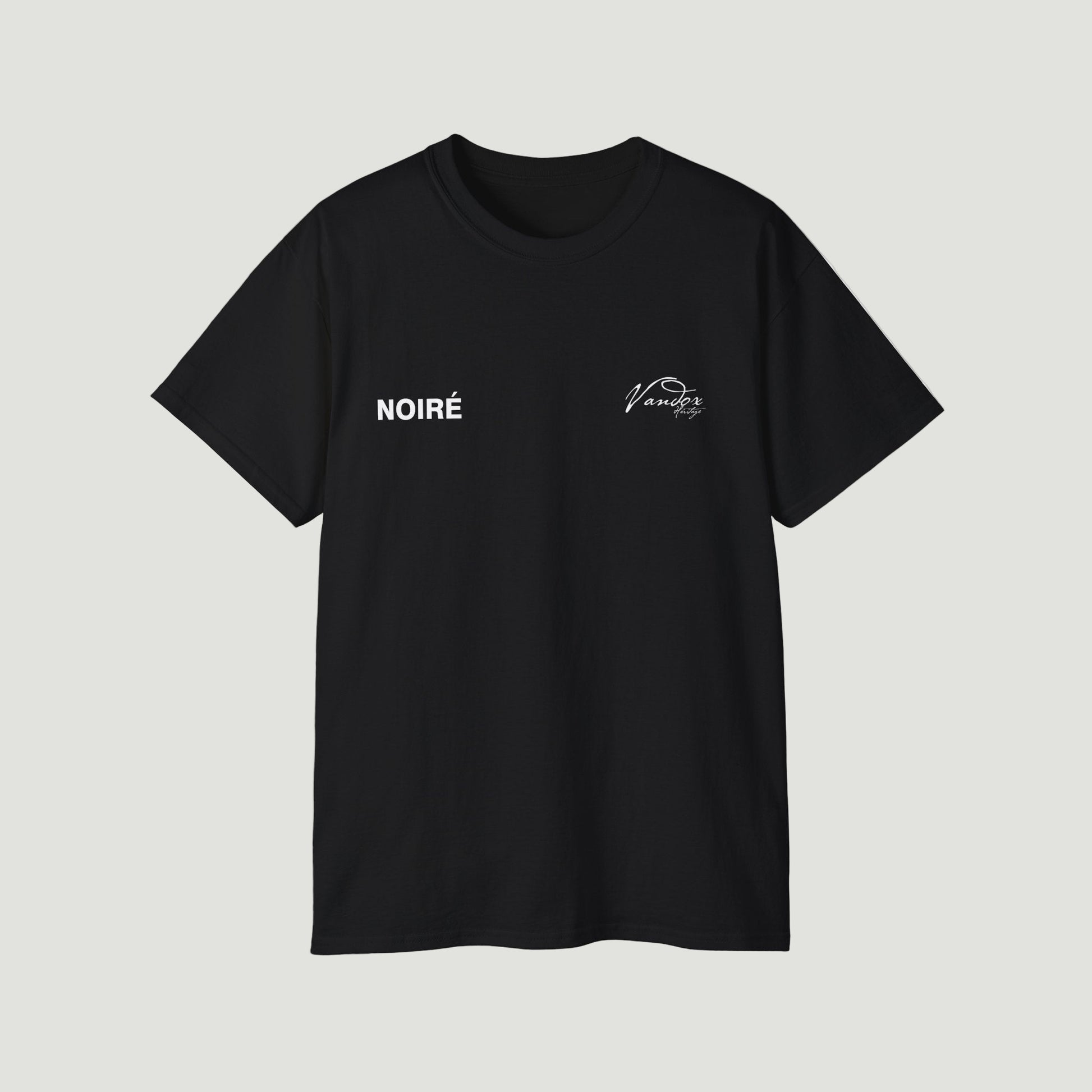 Front view of Deep Black Noiré Heritage T-Shirt by Vandox with white “NOIRÉ” and Heritage script logo. Starboy old money shirt tshirt clothes vandox sacrevandox vandox clothes vandox clothing