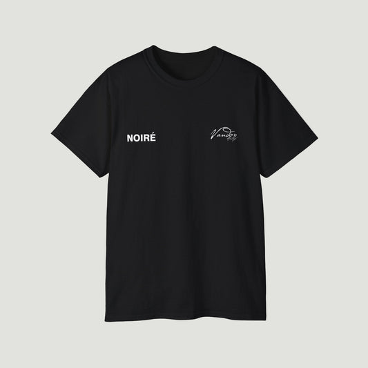 Front view of Deep Black Noiré Heritage T-Shirt by Vandox with white “NOIRÉ” and Heritage script logo. Starboy old money shirt tshirt clothes vandox sacrevandox vandox clothes vandox clothing