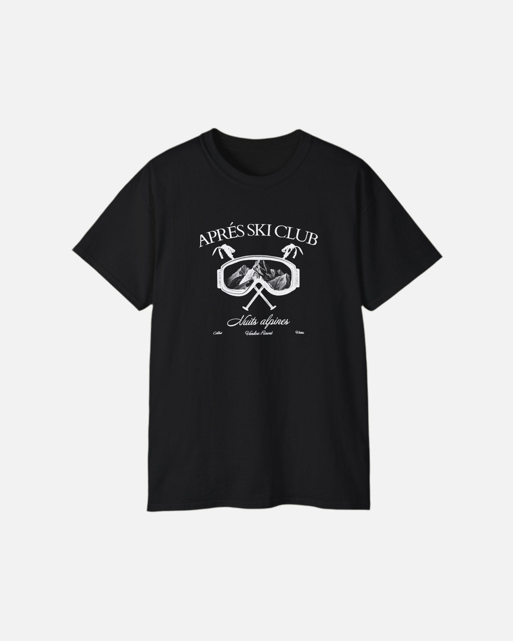 Front view of the deep black Ski Society T-Shirt by Vandox with alpine ski goggle graphic and “Après Ski Club” text. Starboy old money shirt tshirt clothes vandox sacrevandox vandox clothes vandox clothing