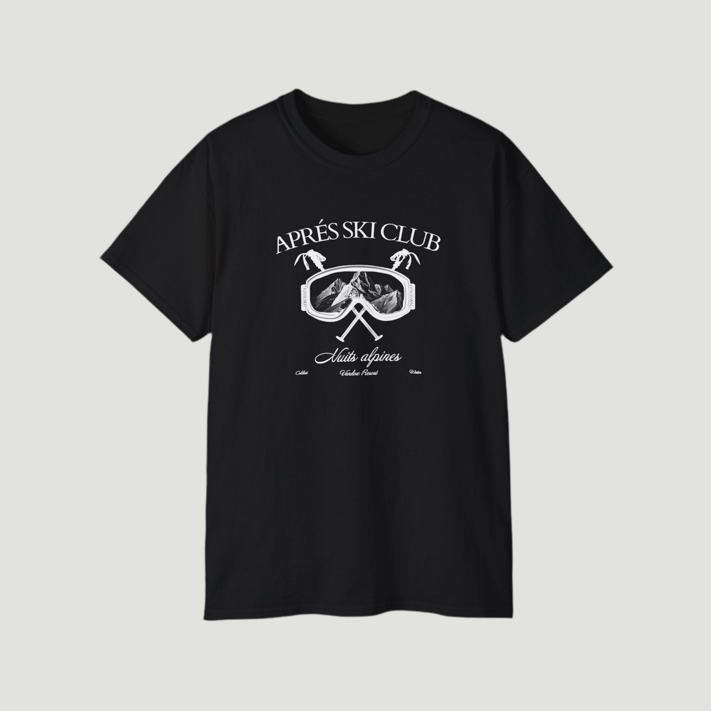 Front view of the deep black Ski Society T-Shirt by Vandox with alpine ski goggle graphic and “Après Ski Club” text. Starboy old money shirt tshirt clothes vandox sacrevandox vandox clothes vandox clothing