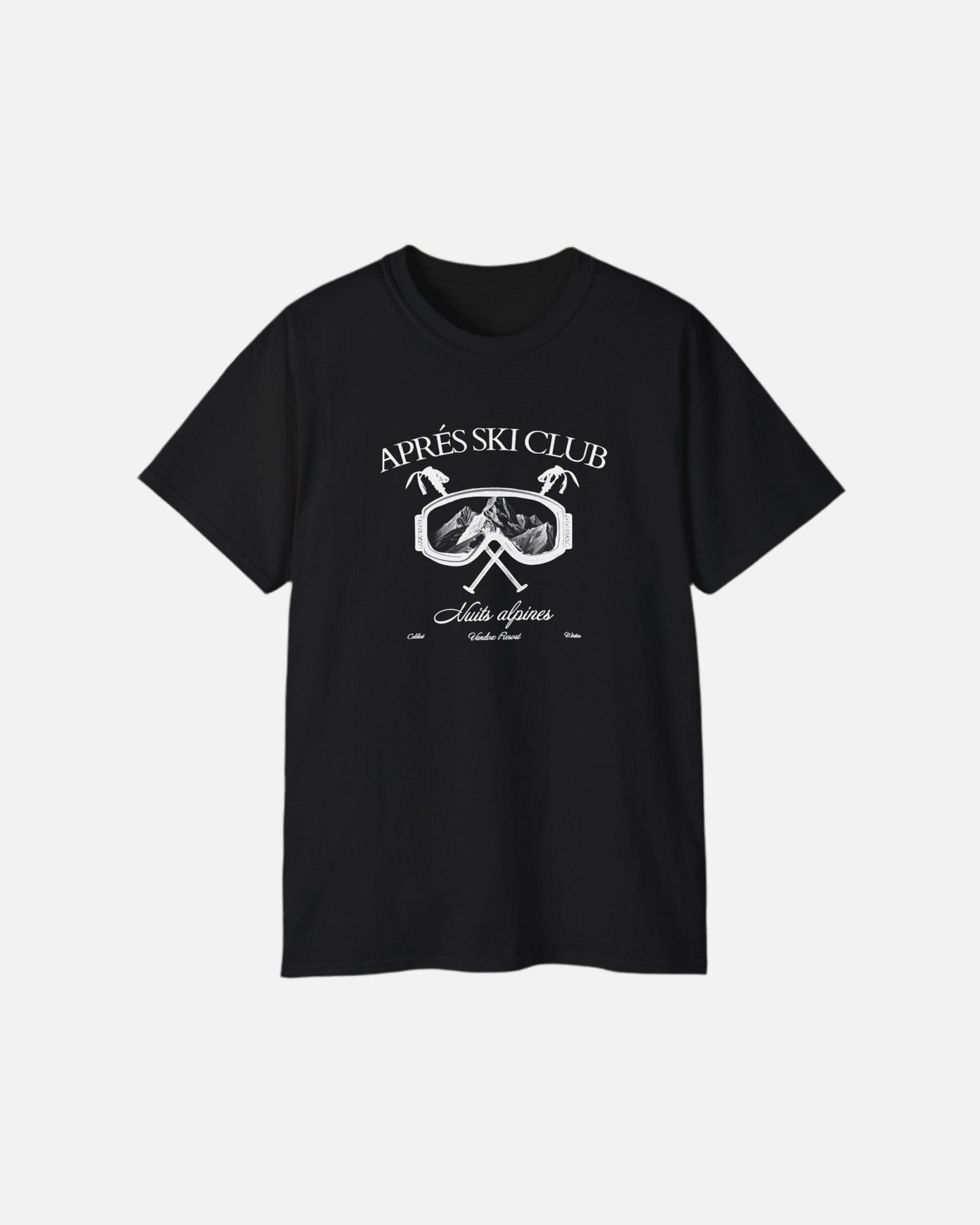 Front view of the deep black Ski Society T-Shirt by Vandox with alpine ski goggle graphic and “Après Ski Club” text. Starboy old money shirt tshirt clothes vandox sacrevandox vandox clothes vandox clothing