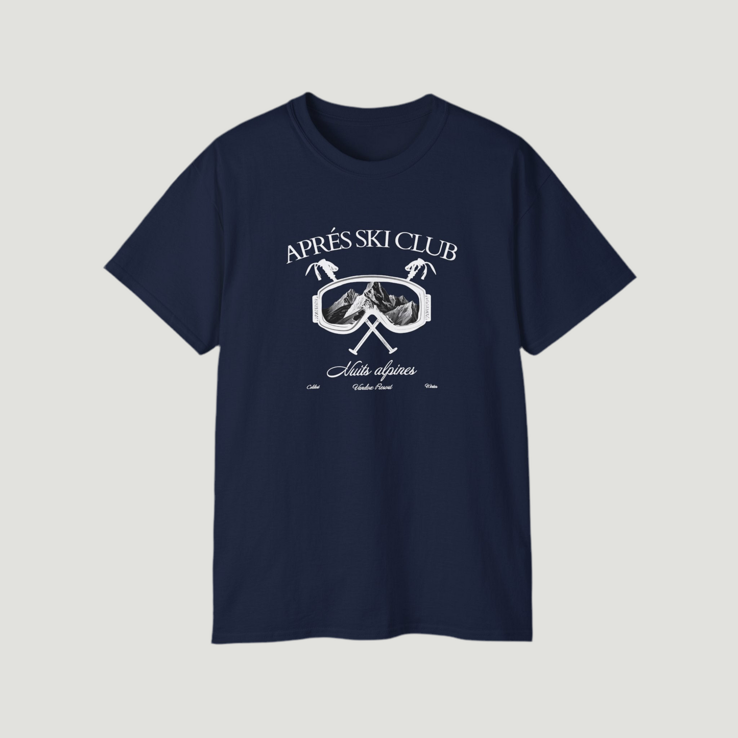 Front view of the deep dark blue navy Ski Society T-Shirt by Vandox with alpine ski goggle graphic and “Après Ski Club” text. Starboy old money shirt tshirt clothes vandox sacrevandox vandox clothes vandox clothing